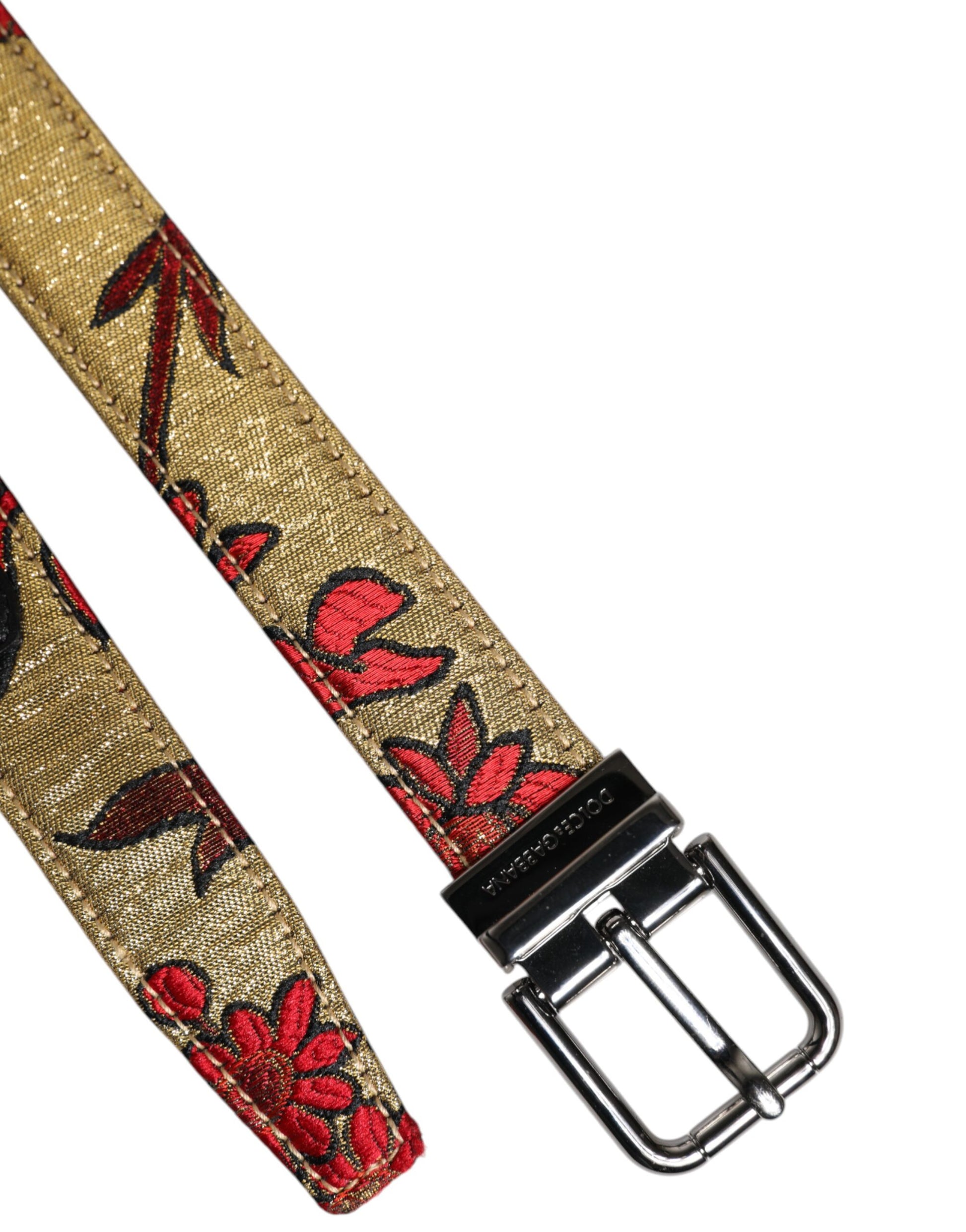 Dolce &amp; Gabbana – Goldfarbener Gürtel aus geblümtem Jacquard-Leder mit Metallschnalle