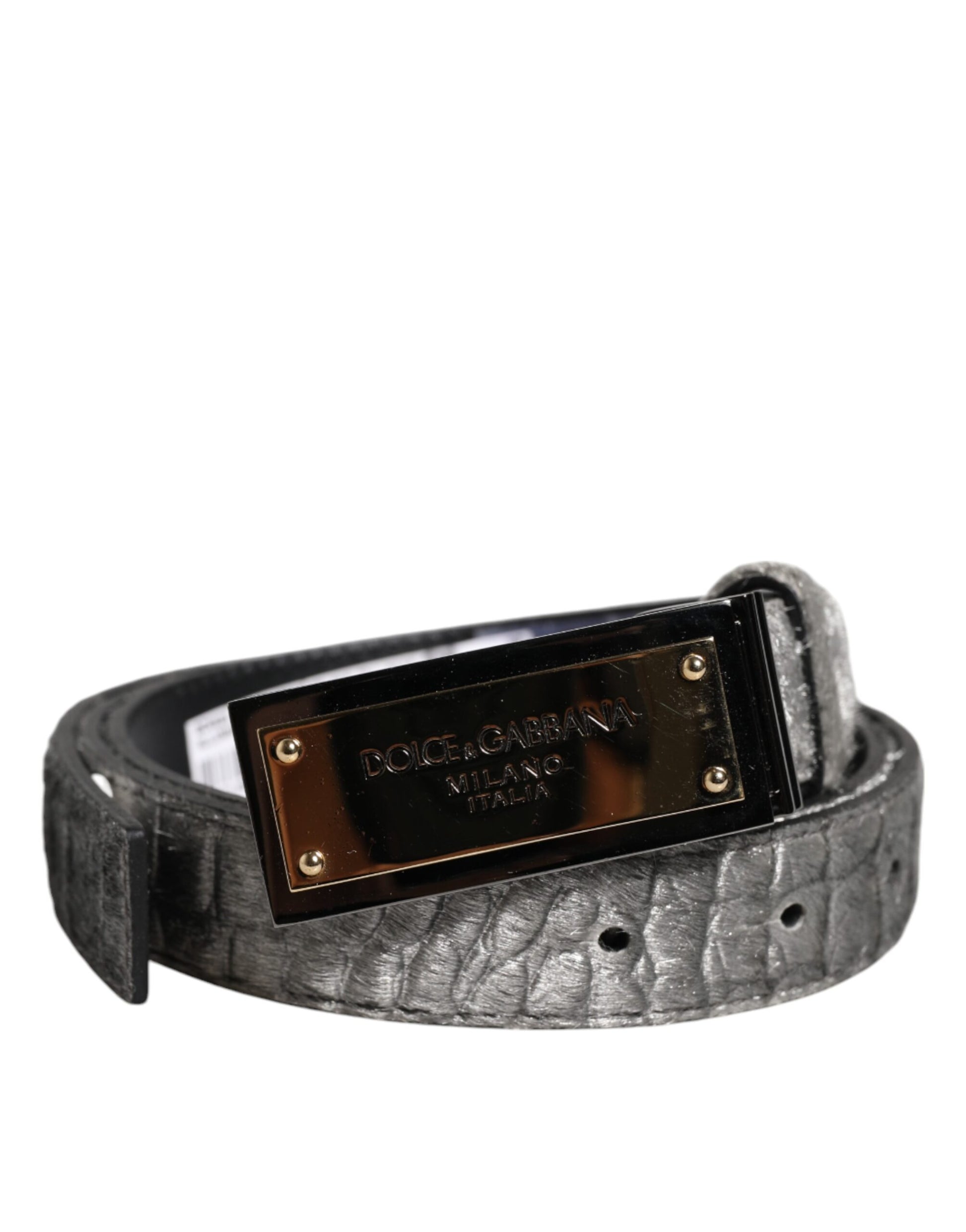 Dolce &amp; Gabbana – Klassischer Gürtel mit goldener Logo-Plakette und Schnalle in Silber