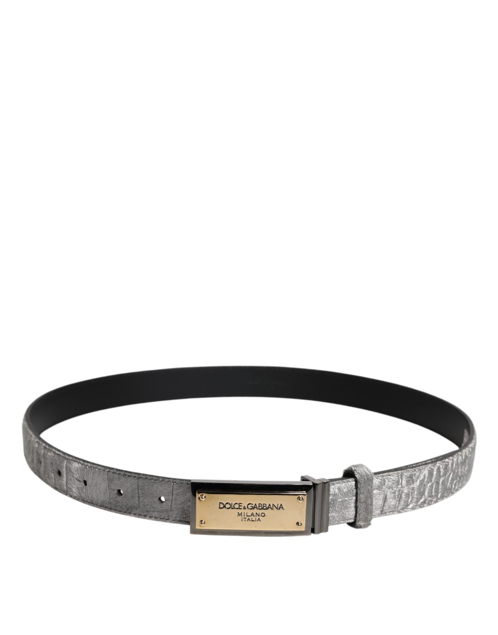 Dolce &amp; Gabbana – Klassischer Gürtel mit goldener Logo-Plakette und Schnalle in Silber