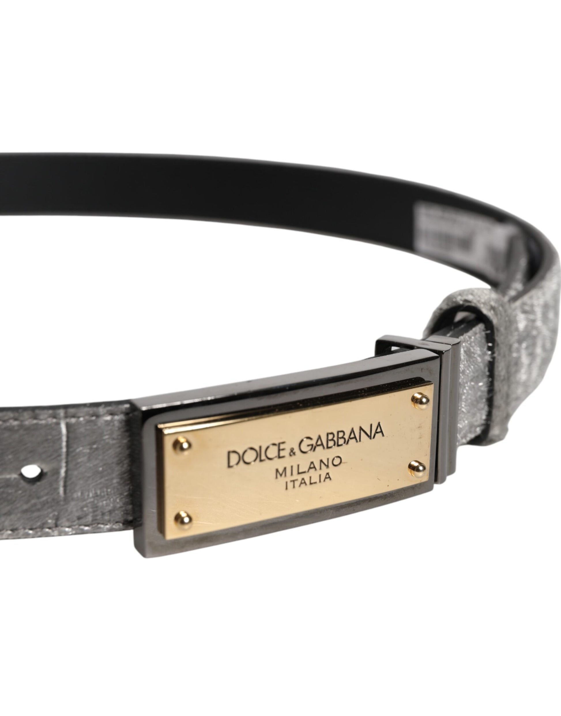 Dolce &amp; Gabbana – Klassischer Gürtel mit goldener Logo-Plakette und Schnalle in Silber