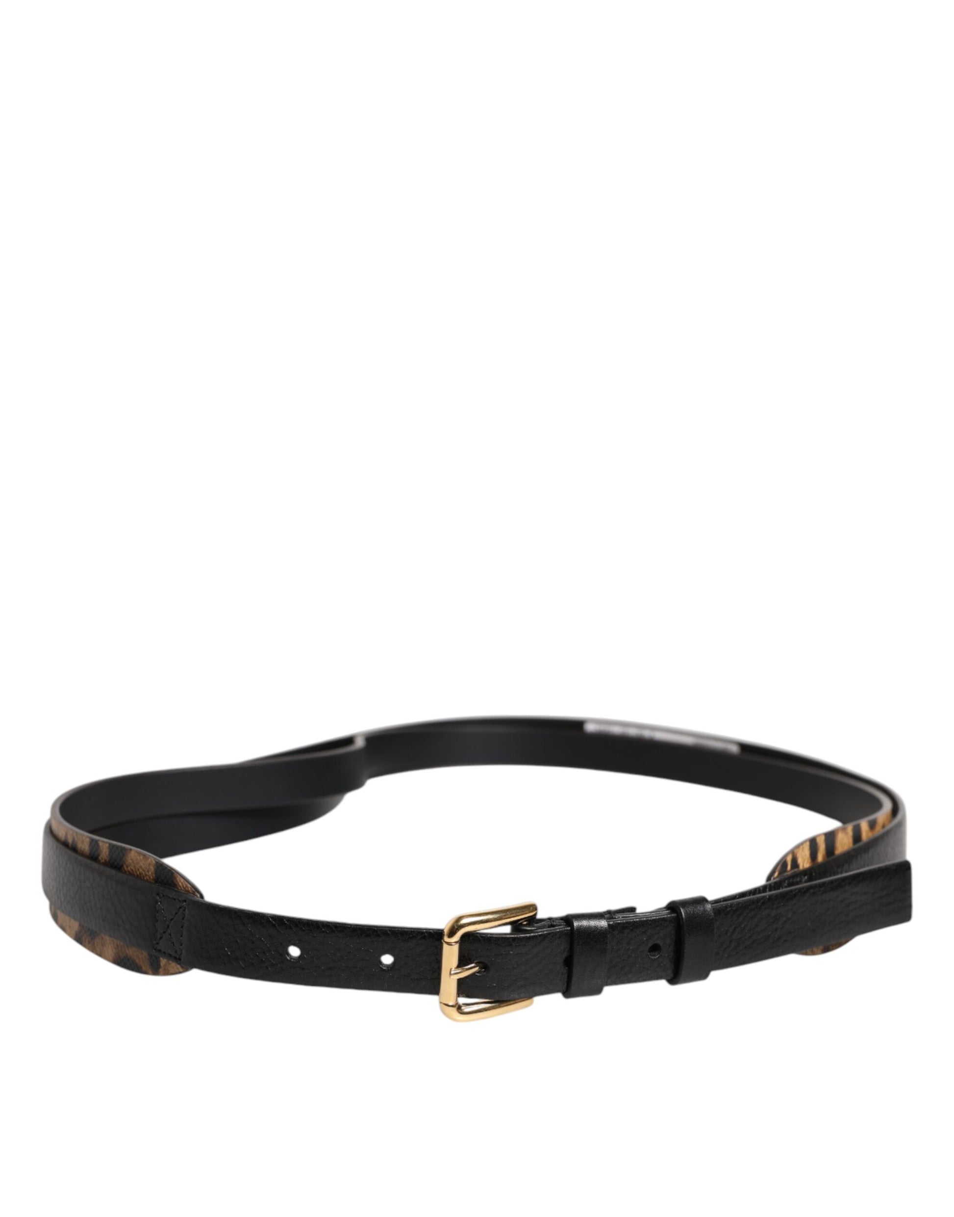 Dolce &amp; Gabbana Schwarzer Leoparden-Gürtel mit goldener Metallschnalle