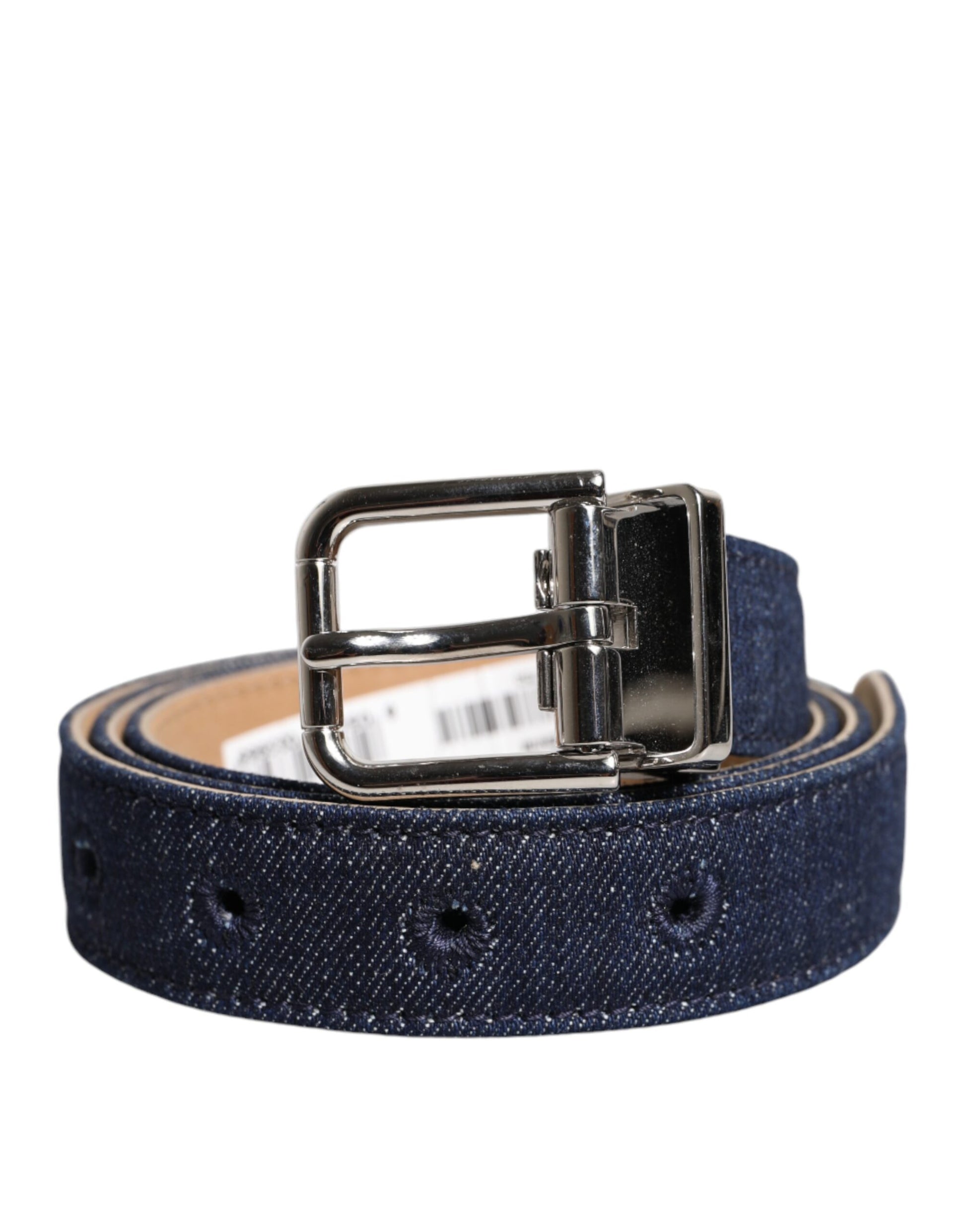 Dolce &amp; Gabbana Blauer Denim-Gürtel mit silberner Metallschnalle und Logo