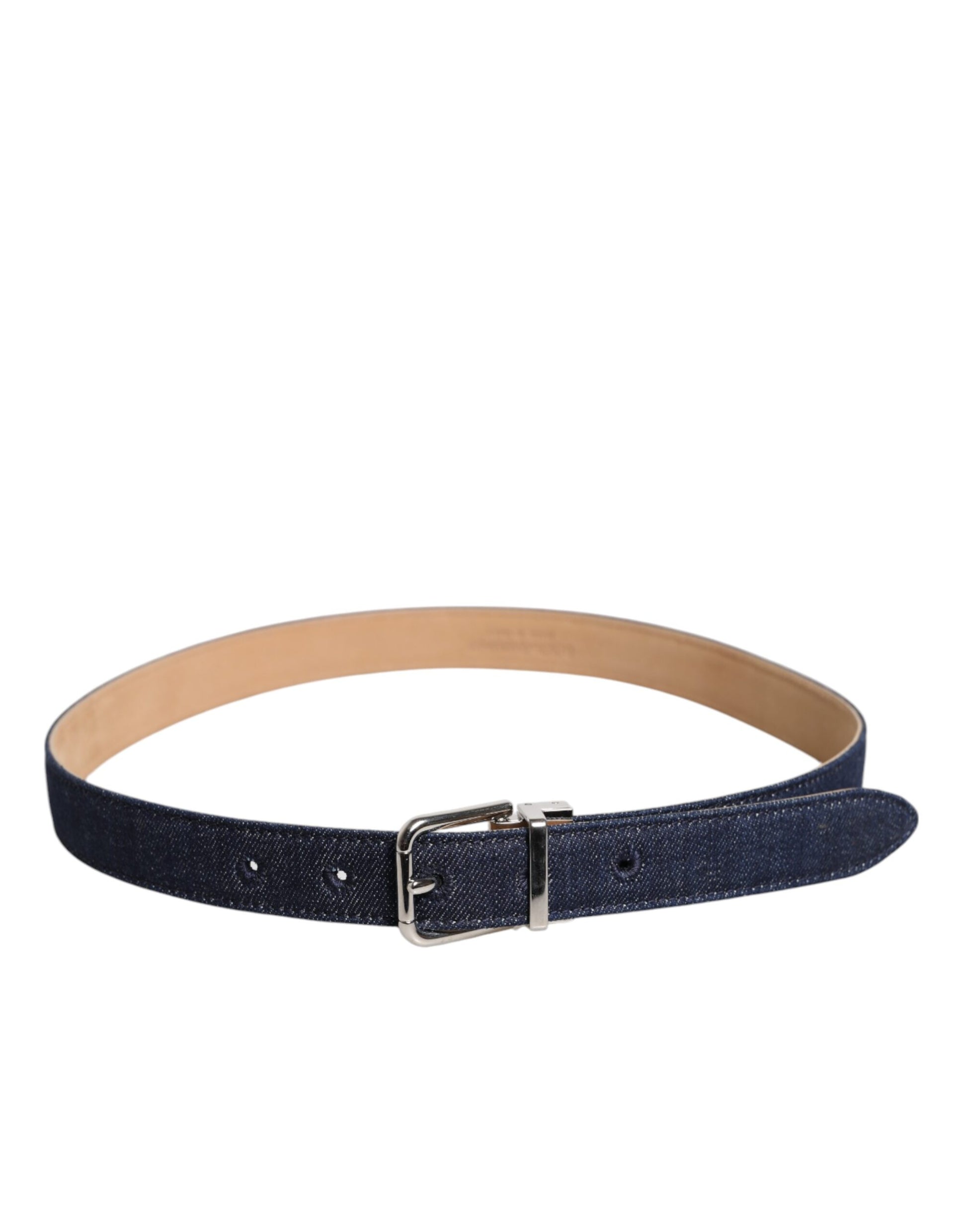 Dolce &amp; Gabbana Blauer Denim-Gürtel mit silberner Metallschnalle und Logo