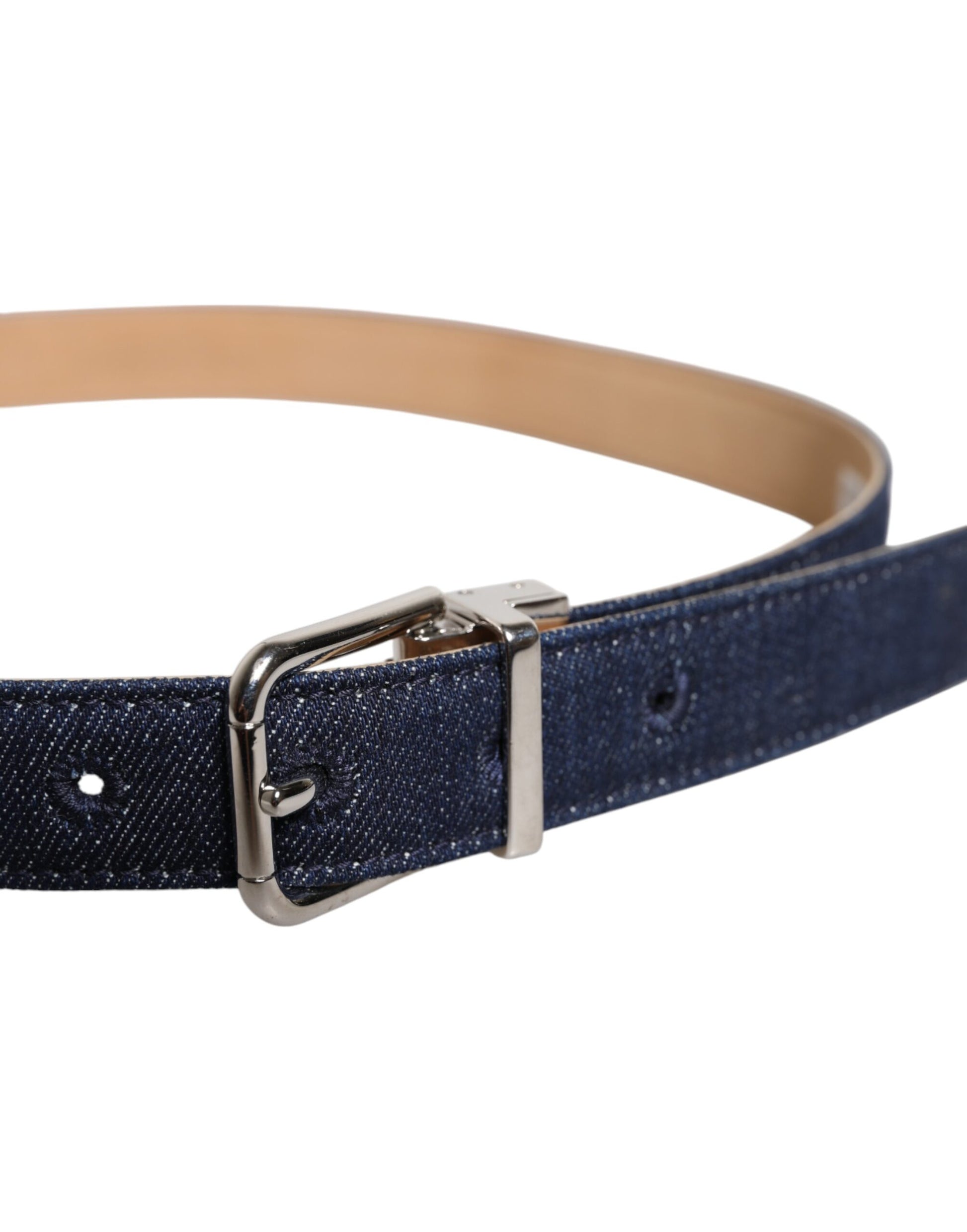 Dolce &amp; Gabbana Blauer Denim-Gürtel mit silberner Metallschnalle und Logo