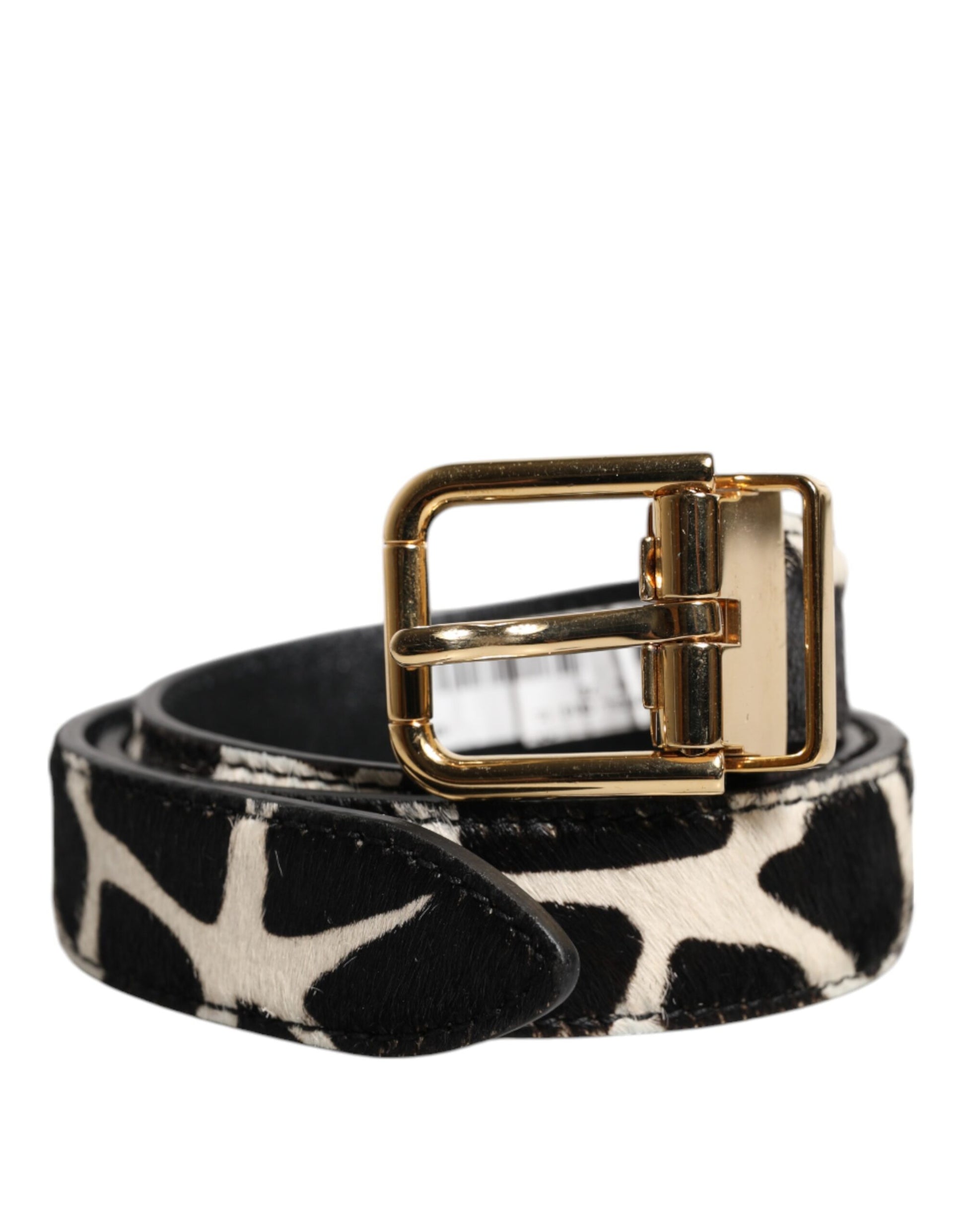 Dolce &amp; Gabbana Braun-weißer Ponyledergürtel mit Metallschnalle
