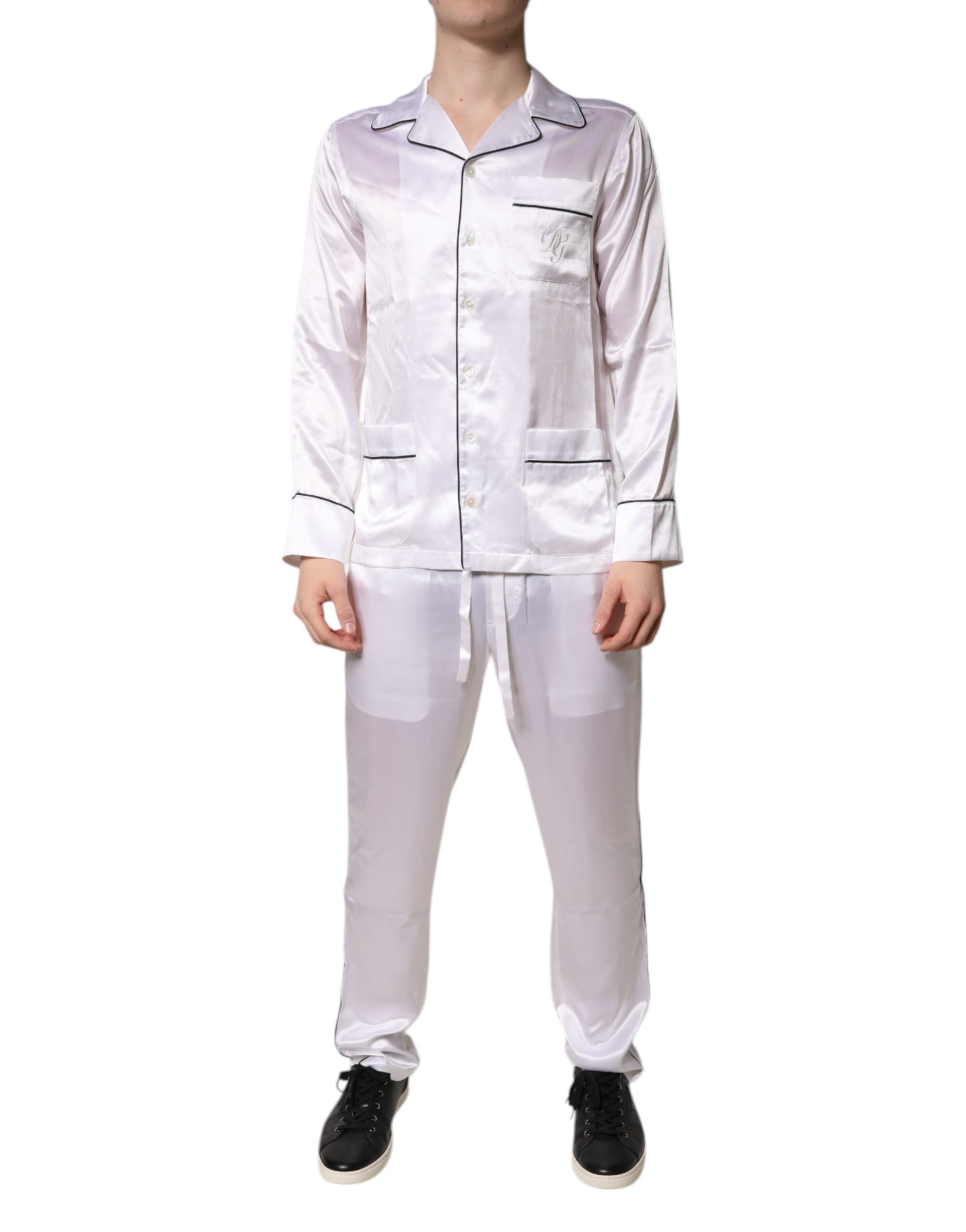 Dolce &amp; Gabbana Weiß Satin Seide Männer Pyjama Set Nachtwäsche