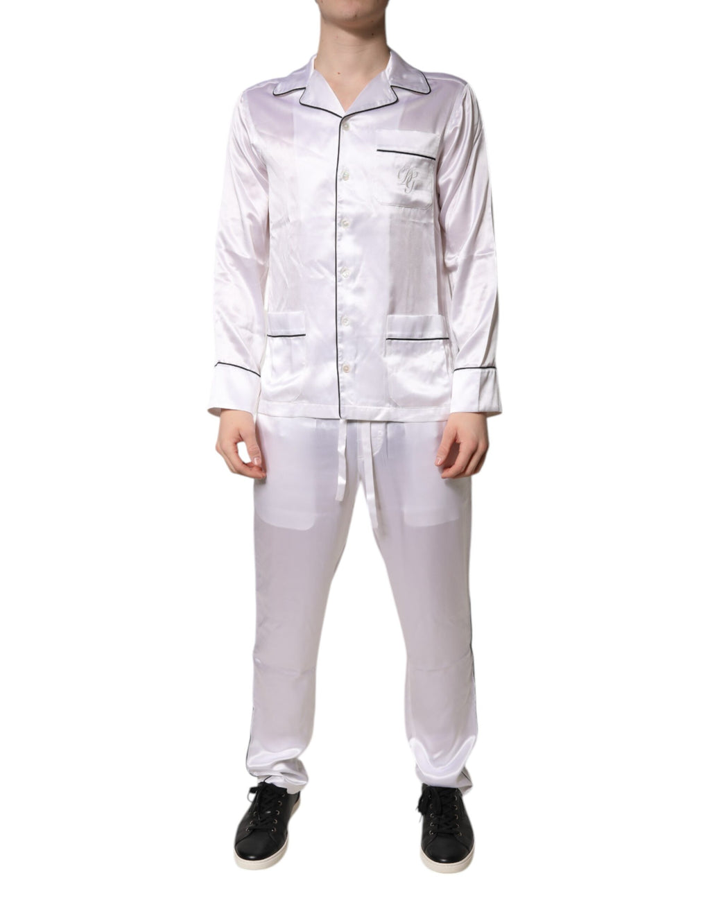Dolce &amp; Gabbana Weiß Satin Seide Männer Pyjama Set Nachtwäsche
