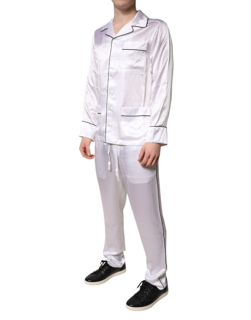 Dolce &amp; Gabbana Weiß Satin Seide Männer Pyjama Set Nachtwäsche