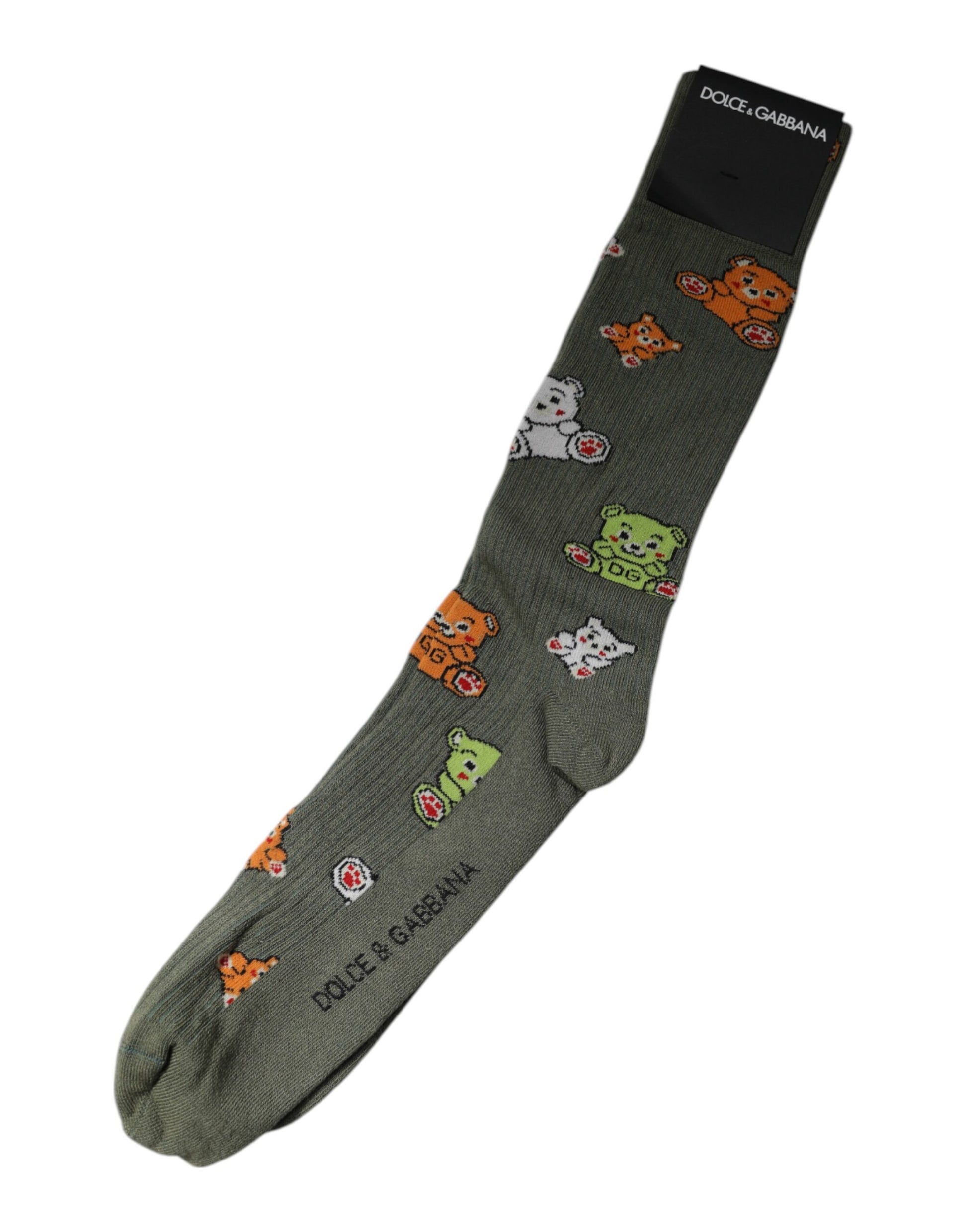 Dolce &amp; Gabbana Grüne Nylonsocken mit DG-Bären-Print, wadenlang