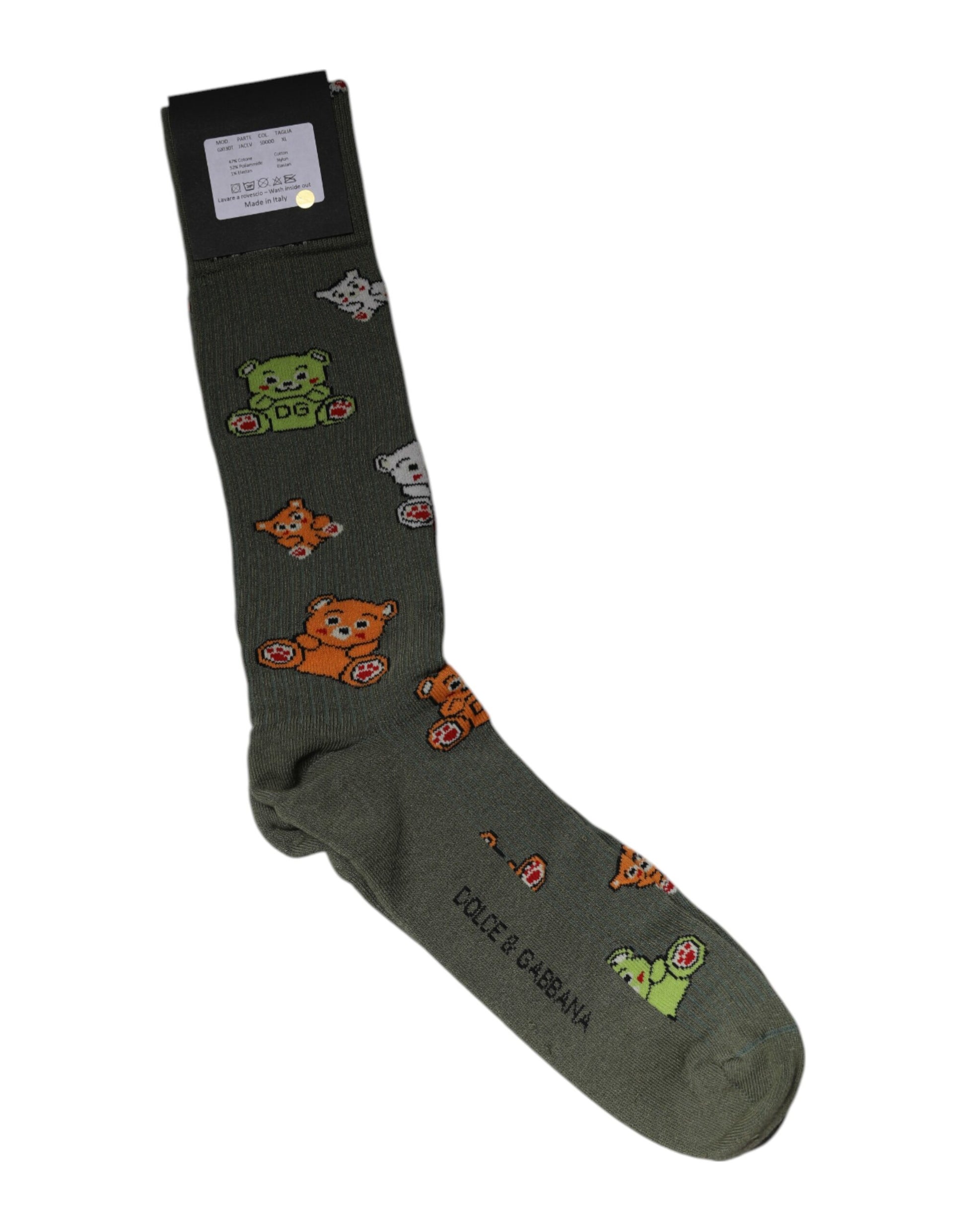 Dolce &amp; Gabbana Grüne Nylonsocken mit DG-Bären-Print, wadenlang
