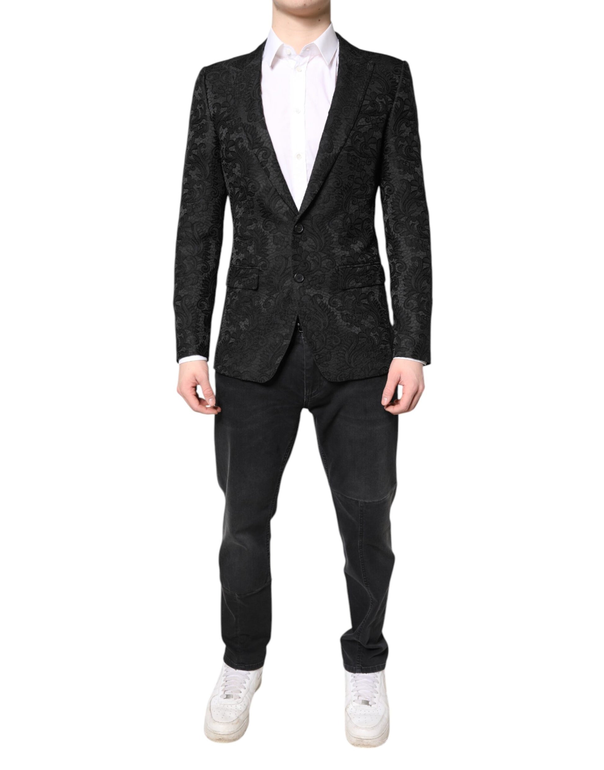 Dolce &amp; Gabbana – Schwarzer Jacquard-Mantel mit Blumenmuster, Jacke und Blazer
