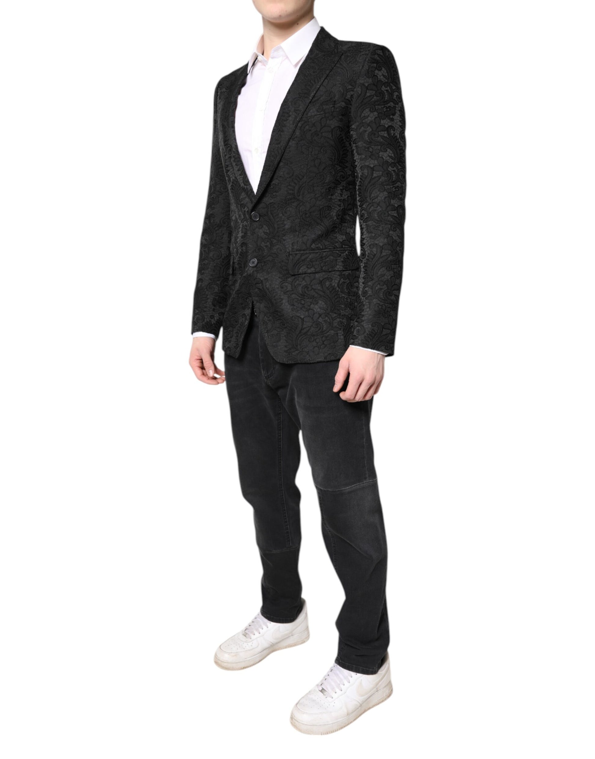 Dolce &amp; Gabbana – Schwarzer Jacquard-Mantel mit Blumenmuster, Jacke und Blazer