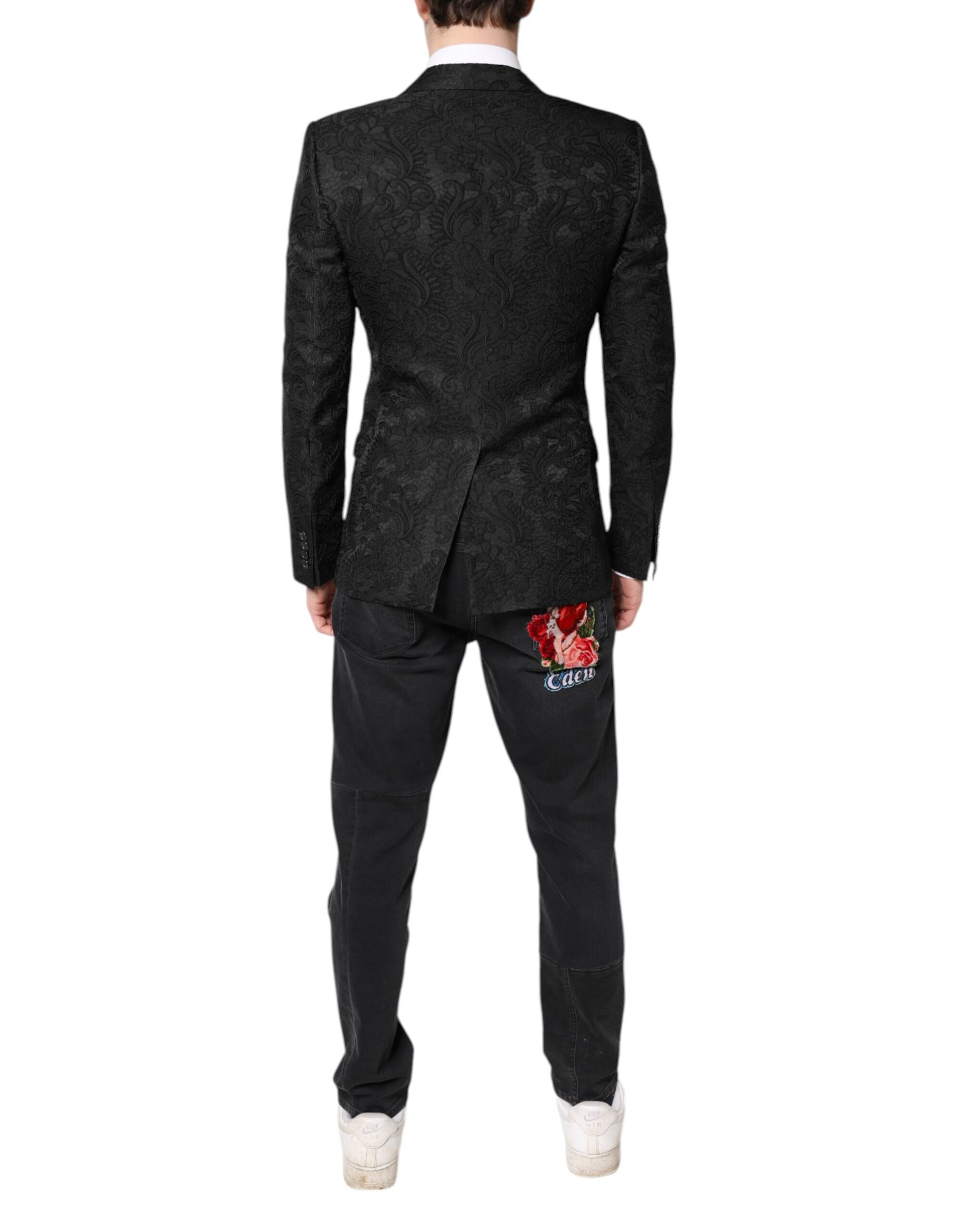 Dolce &amp; Gabbana – Schwarzer Jacquard-Mantel mit Blumenmuster, Jacke und Blazer