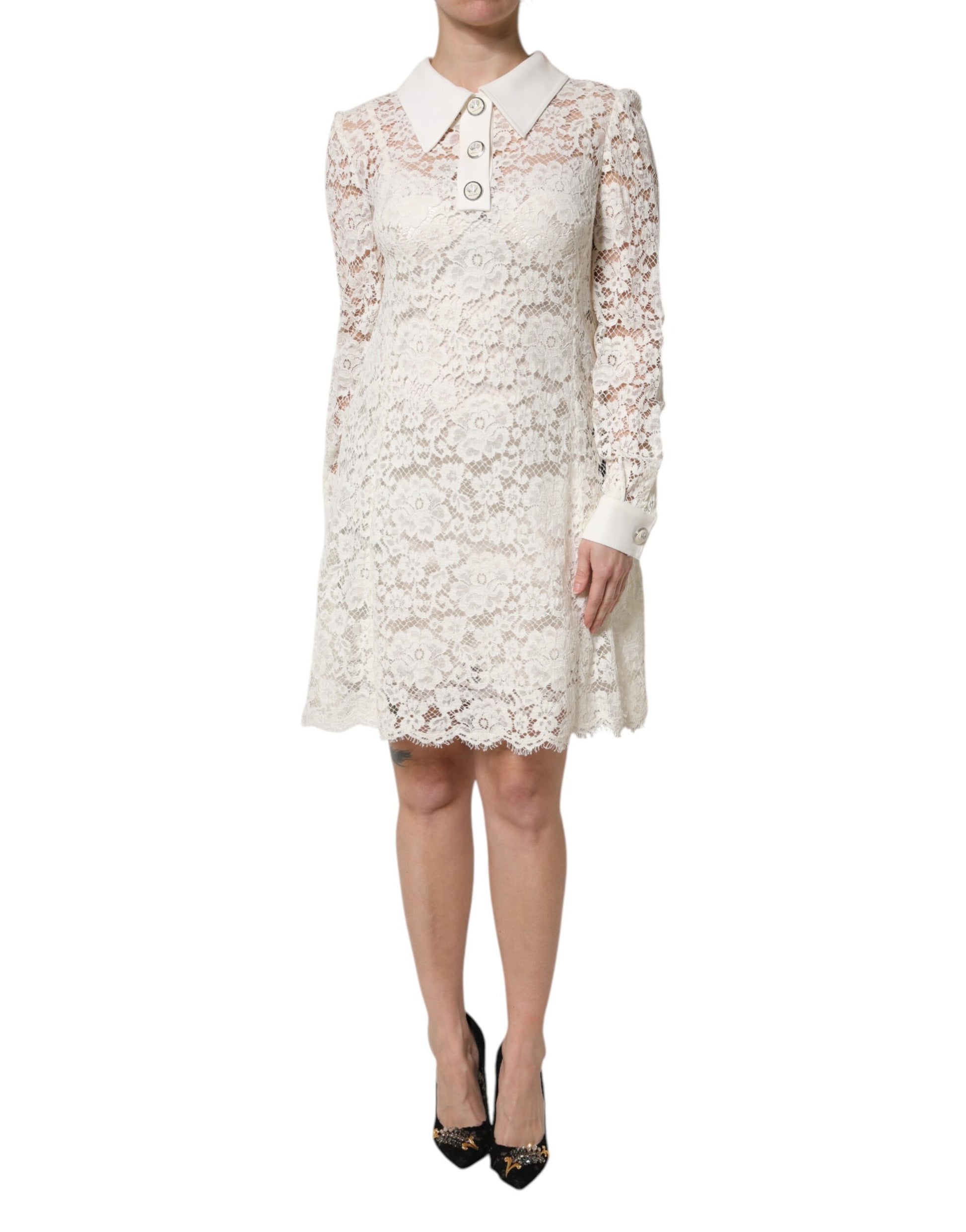 Dolce &amp; Gabbana – Weißes Etuikleid mit Blumenspitze und langen Ärmeln