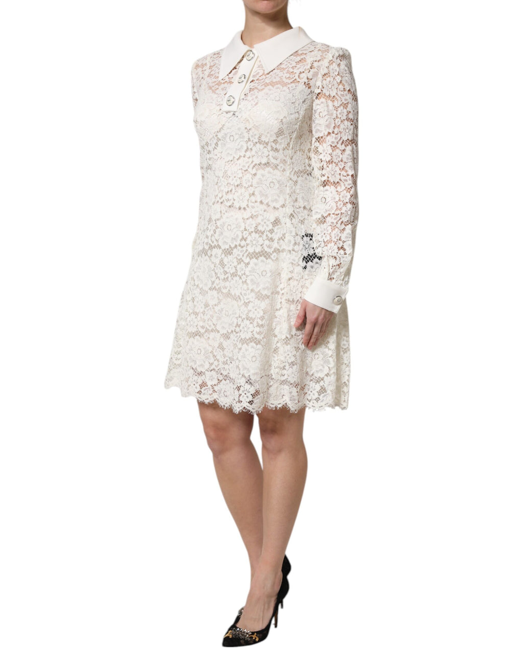 Dolce &amp; Gabbana – Weißes Etuikleid mit Blumenspitze und langen Ärmeln