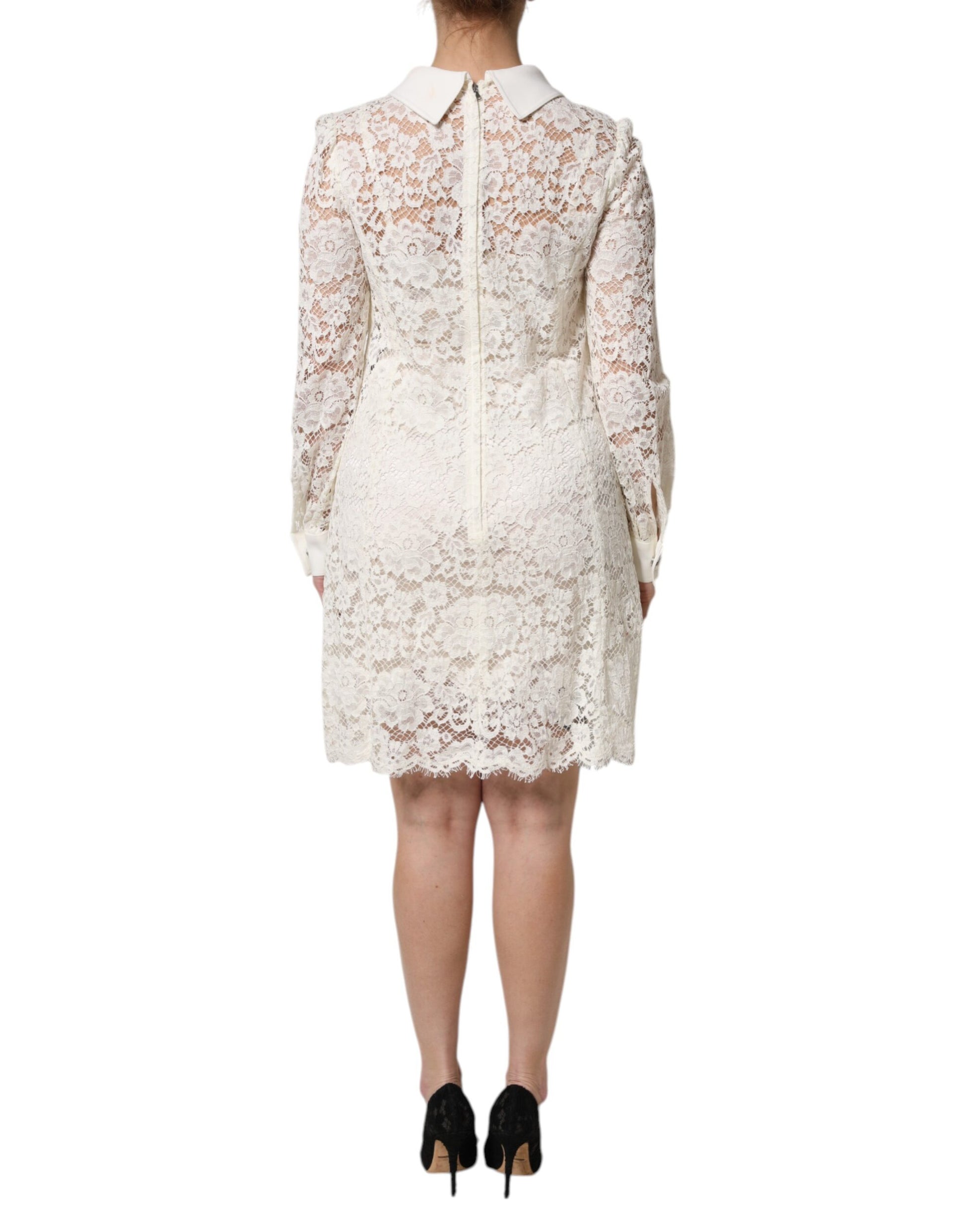Dolce &amp; Gabbana – Weißes Etuikleid mit Blumenspitze und langen Ärmeln