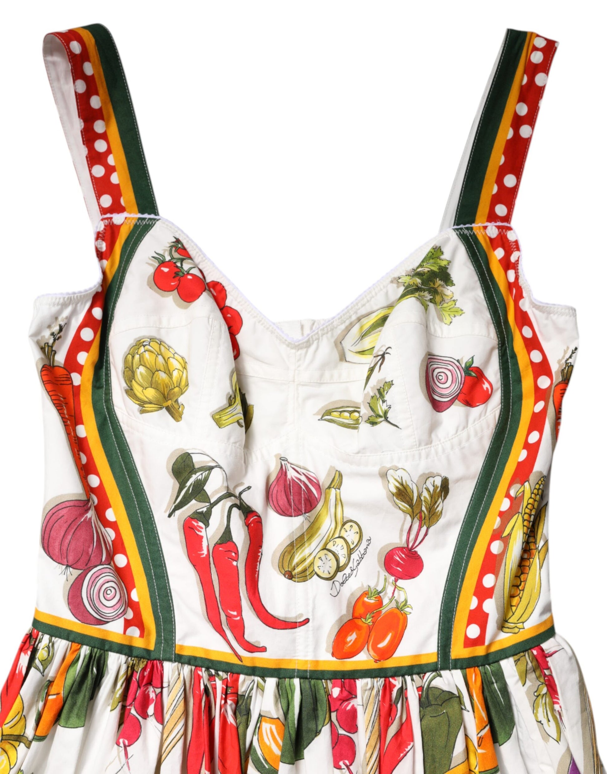 Dolce &amp; Gabbana Weißes ärmelloses Midikleid in A-Linie mit Gemüse