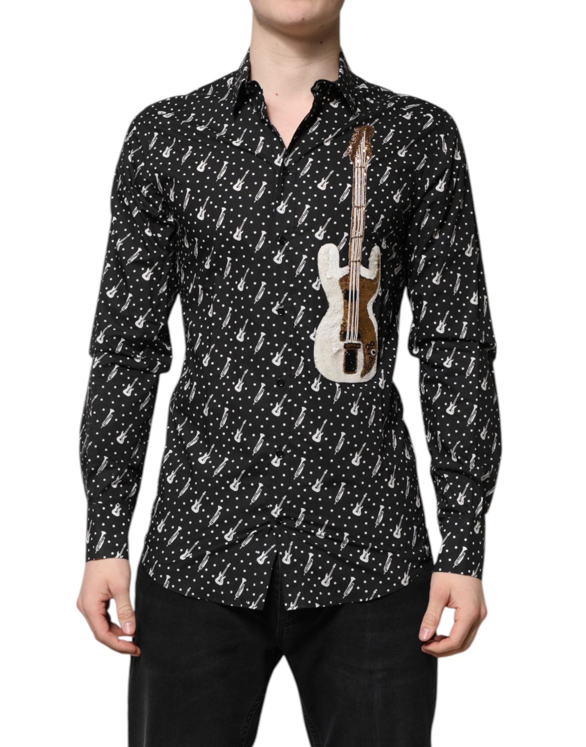 Dolce &amp; Gabbana Schwarzes, mit GOLD verziertes Hemd mit Instrumenten