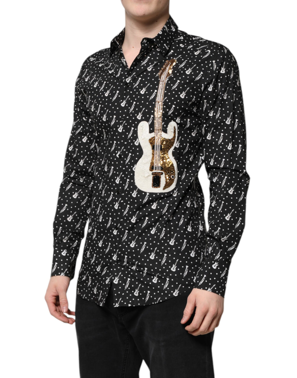 Dolce &amp; Gabbana Schwarzes, mit GOLD verziertes Hemd mit Instrumenten