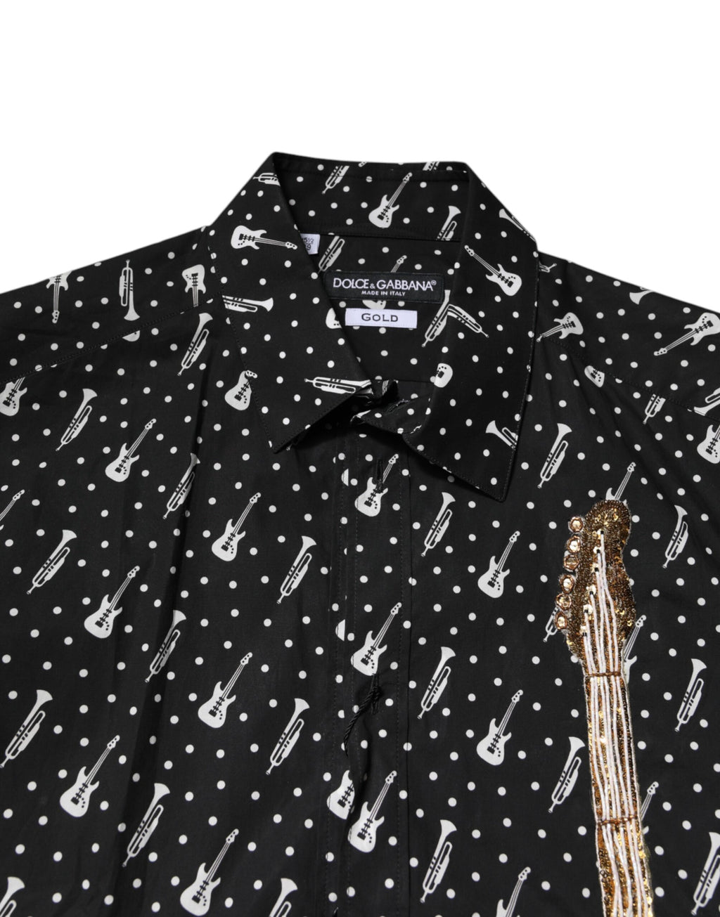 Dolce &amp; Gabbana Schwarzes, mit GOLD verziertes Hemd mit Instrumenten