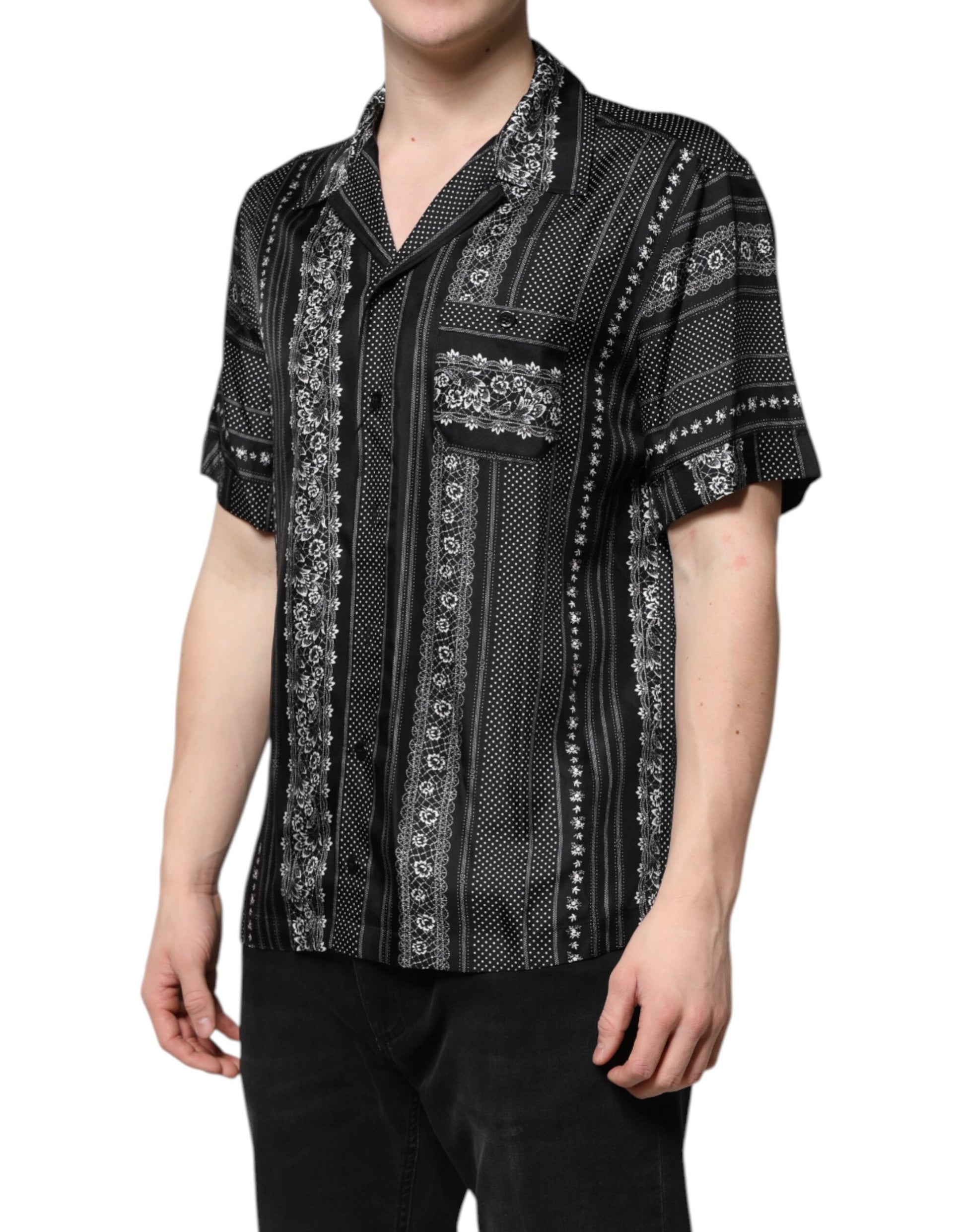 Dolce &amp; Gabbana – Schwarzes, kurzärmliges Seidenhemd mit Blumendruck