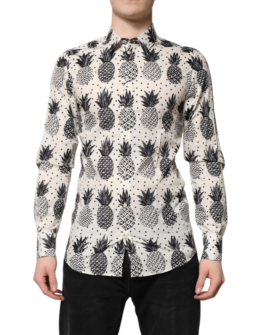 Dolce &amp; Gabbana – Weißes, langärmliges GOLD-Hemd mit Ananas-Print