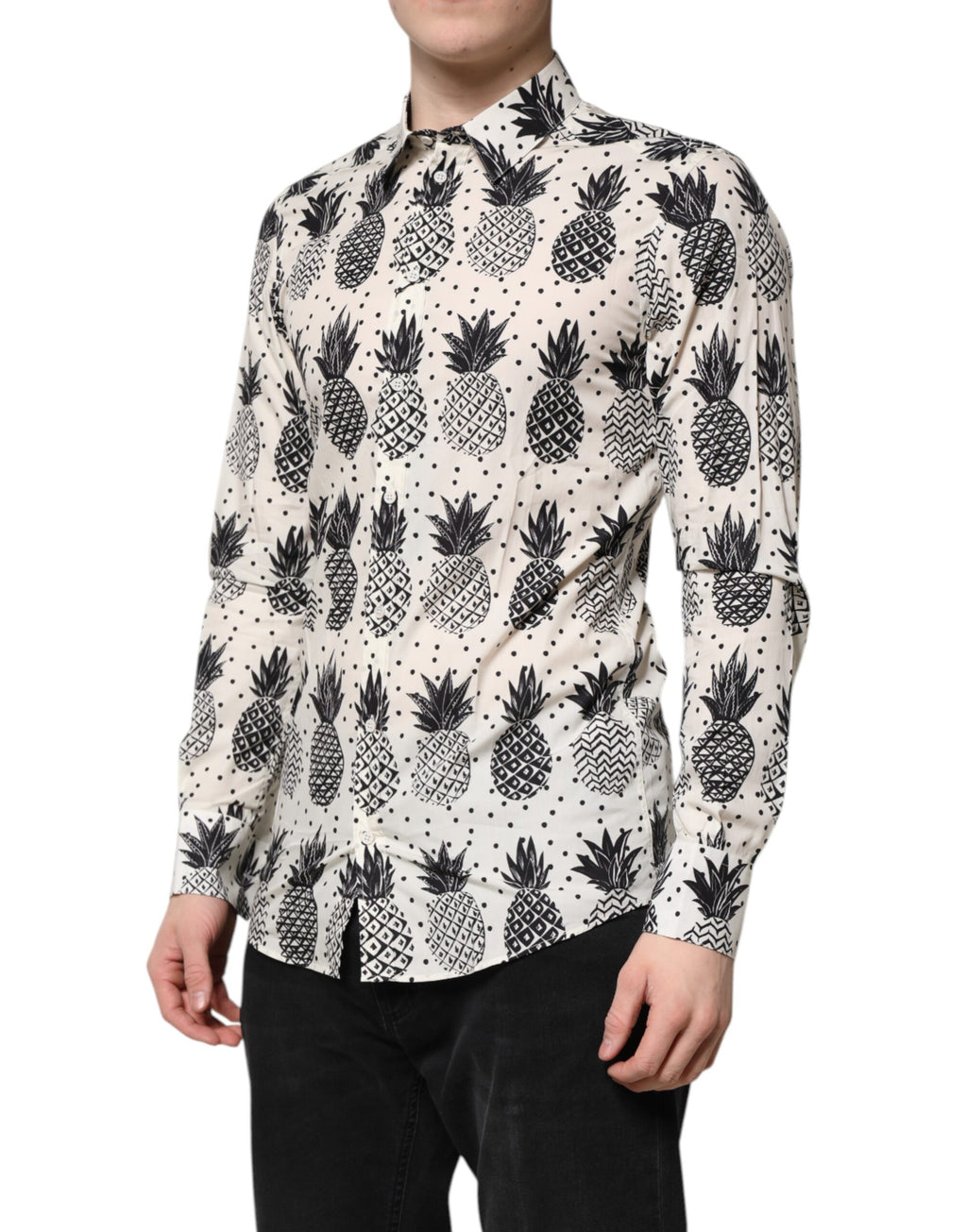 Dolce &amp; Gabbana – Weißes, langärmliges GOLD-Hemd mit Ananas-Print