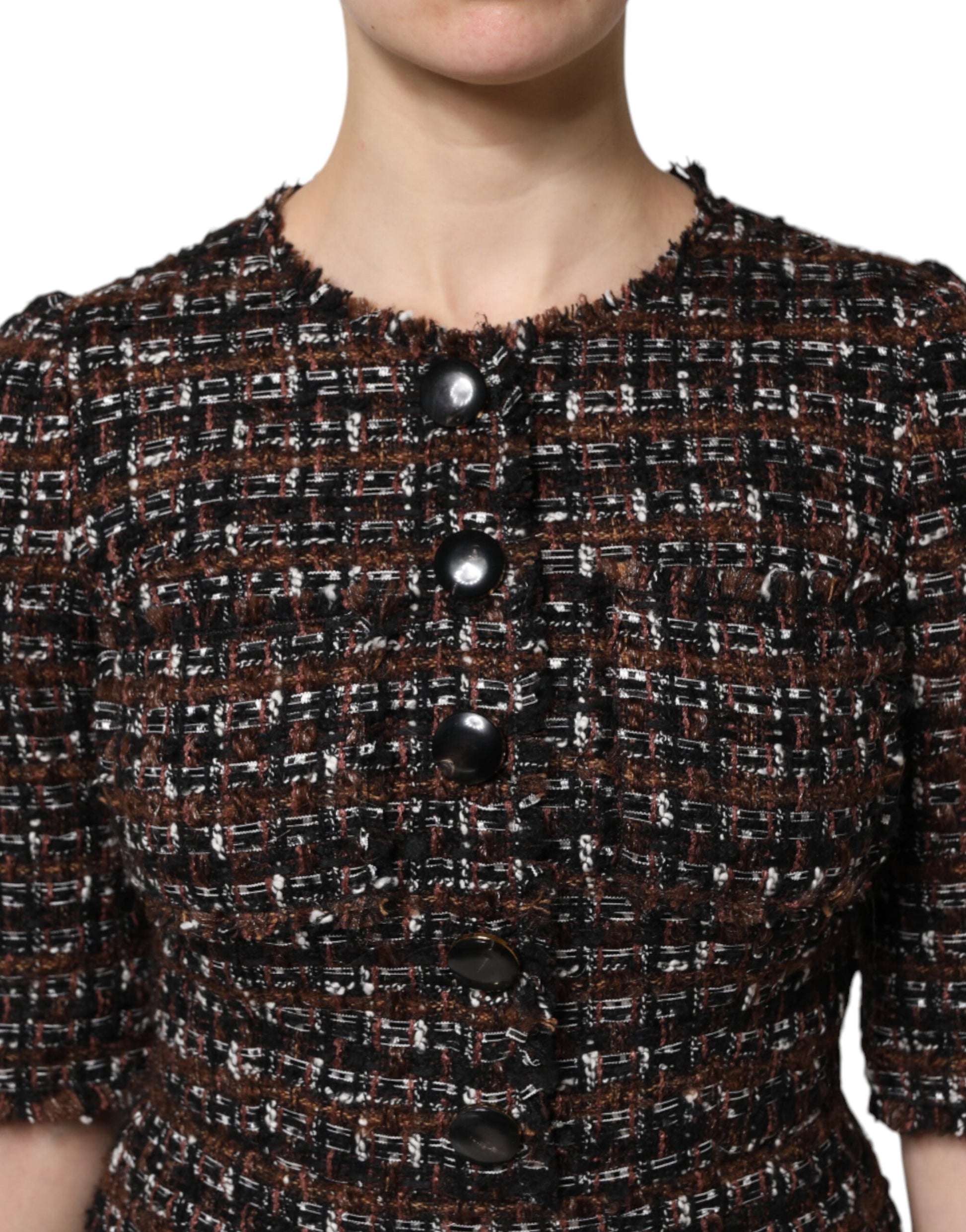 Dolce &amp; Gabbana – Braunes Tweed-Minikleid in A-Linie mit kurzen Ärmeln
