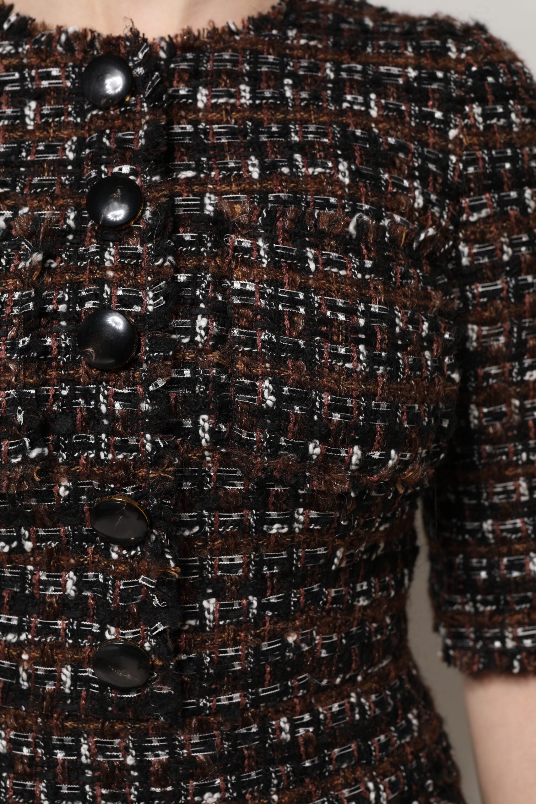 Dolce &amp; Gabbana – Braunes Tweed-Minikleid in A-Linie mit kurzen Ärmeln