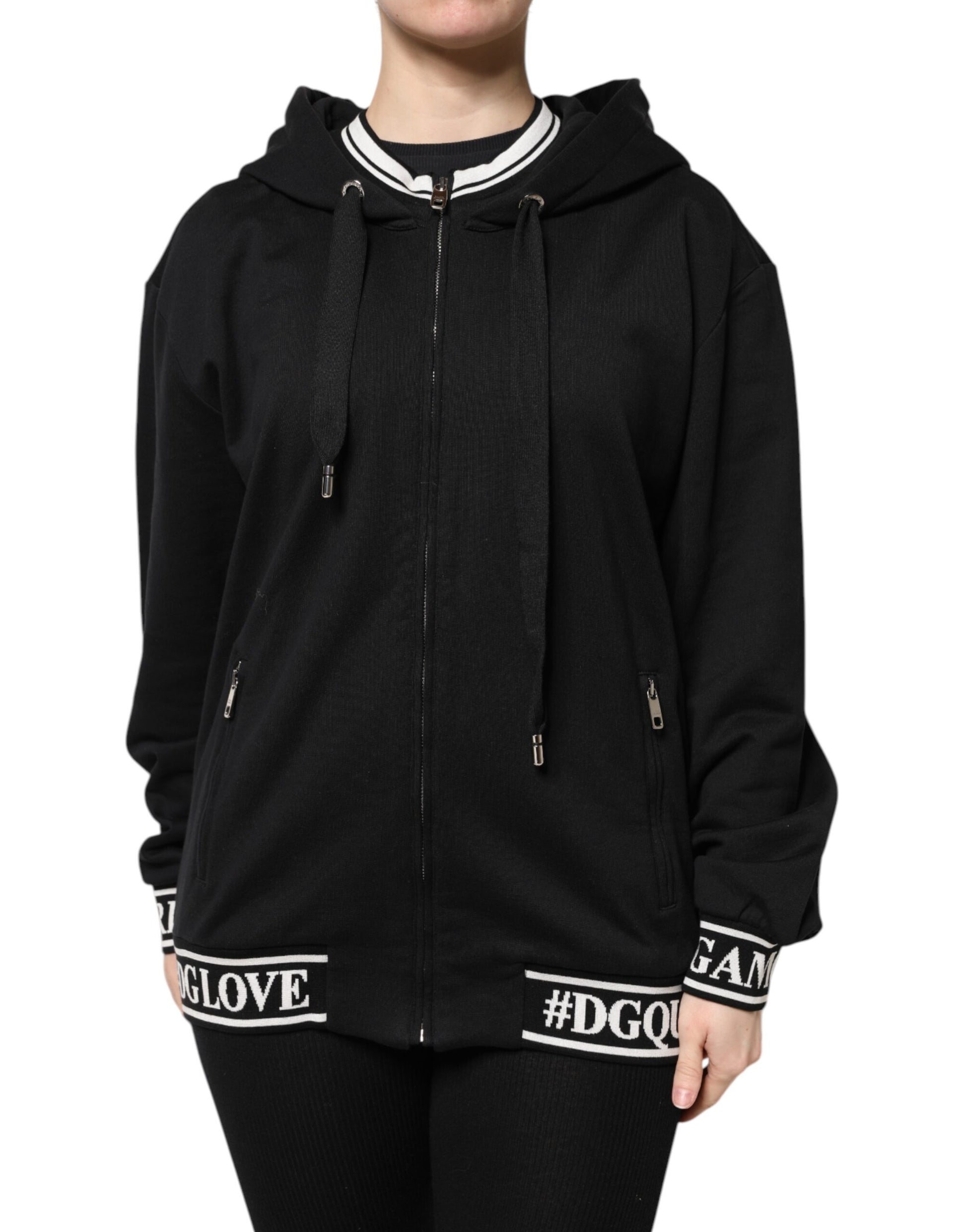 Dolce &amp; Gabbana – Schwarzes Sweatshirt aus Baumwolle mit durchgehendem Reißverschluss und Kapuze