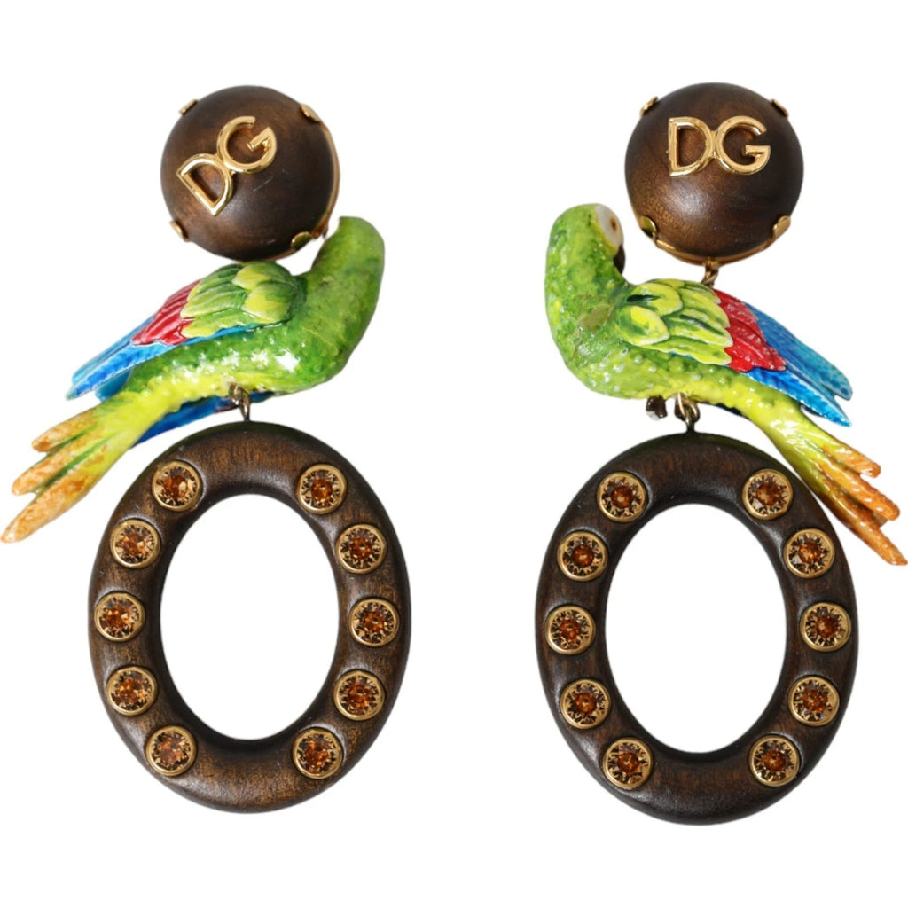 Dolce &amp; Gabbana – Mehrfarbige Ohrringe mit Papageienholz und Messing und Kristallverzierung