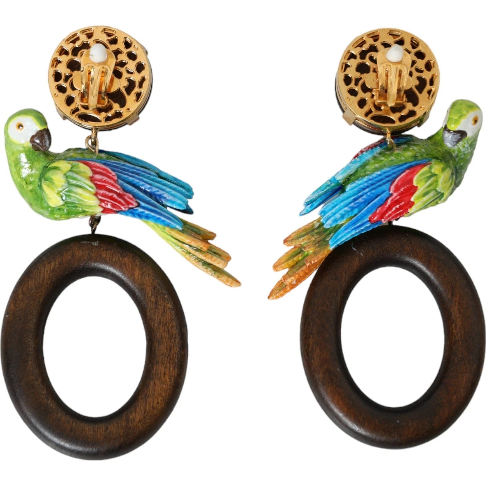 Dolce &amp; Gabbana – Mehrfarbige Ohrringe mit Papageienholz und Messing und Kristallverzierung