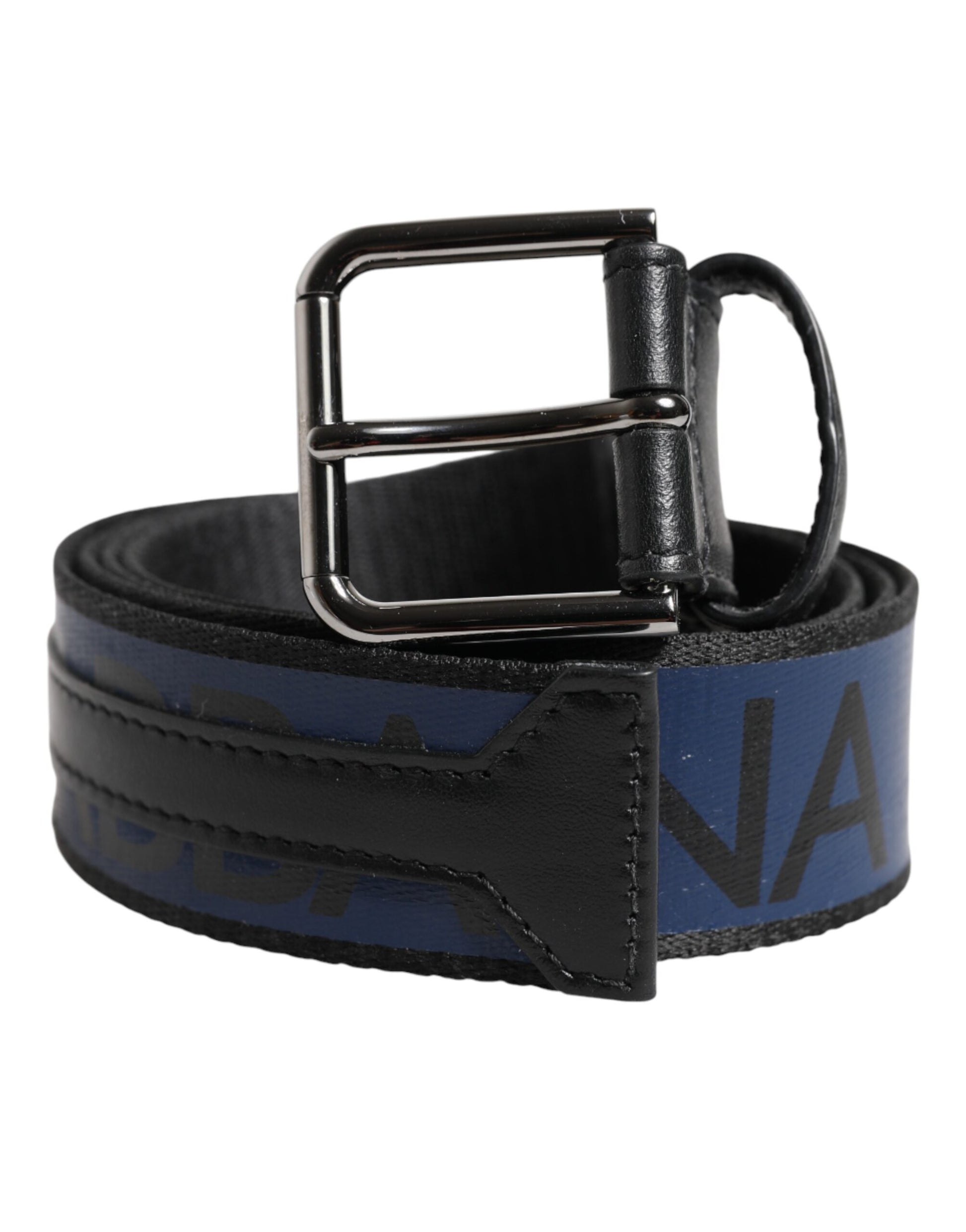 Dolce &amp; Gabbana Gürtel mit schwarzer und blauer DG-Logo-Schnalle aus silbernem Metall