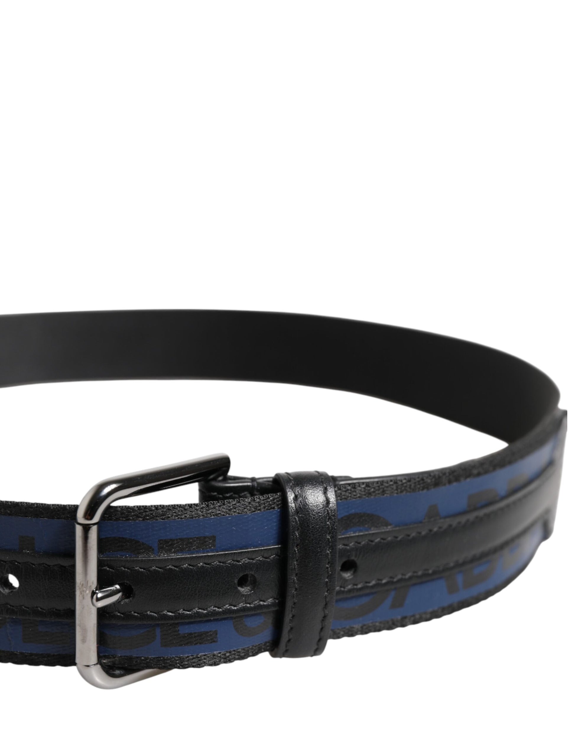 Dolce &amp; Gabbana Gürtel mit schwarzer und blauer DG-Logo-Schnalle aus silbernem Metall