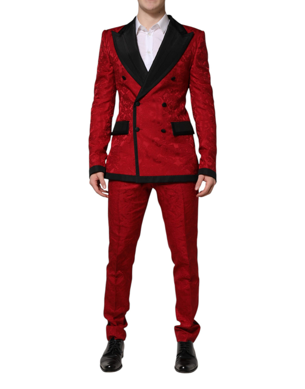 Dolce &amp; Gabbana – Zweireihiger, zweiteiliger Anzug aus Jacquard mit Blumenmuster in Rot