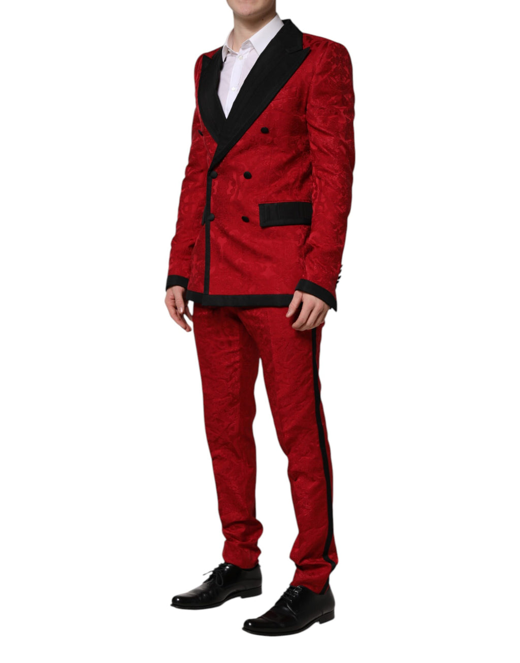 Dolce &amp; Gabbana – Zweireihiger, zweiteiliger Anzug aus Jacquard mit Blumenmuster in Rot