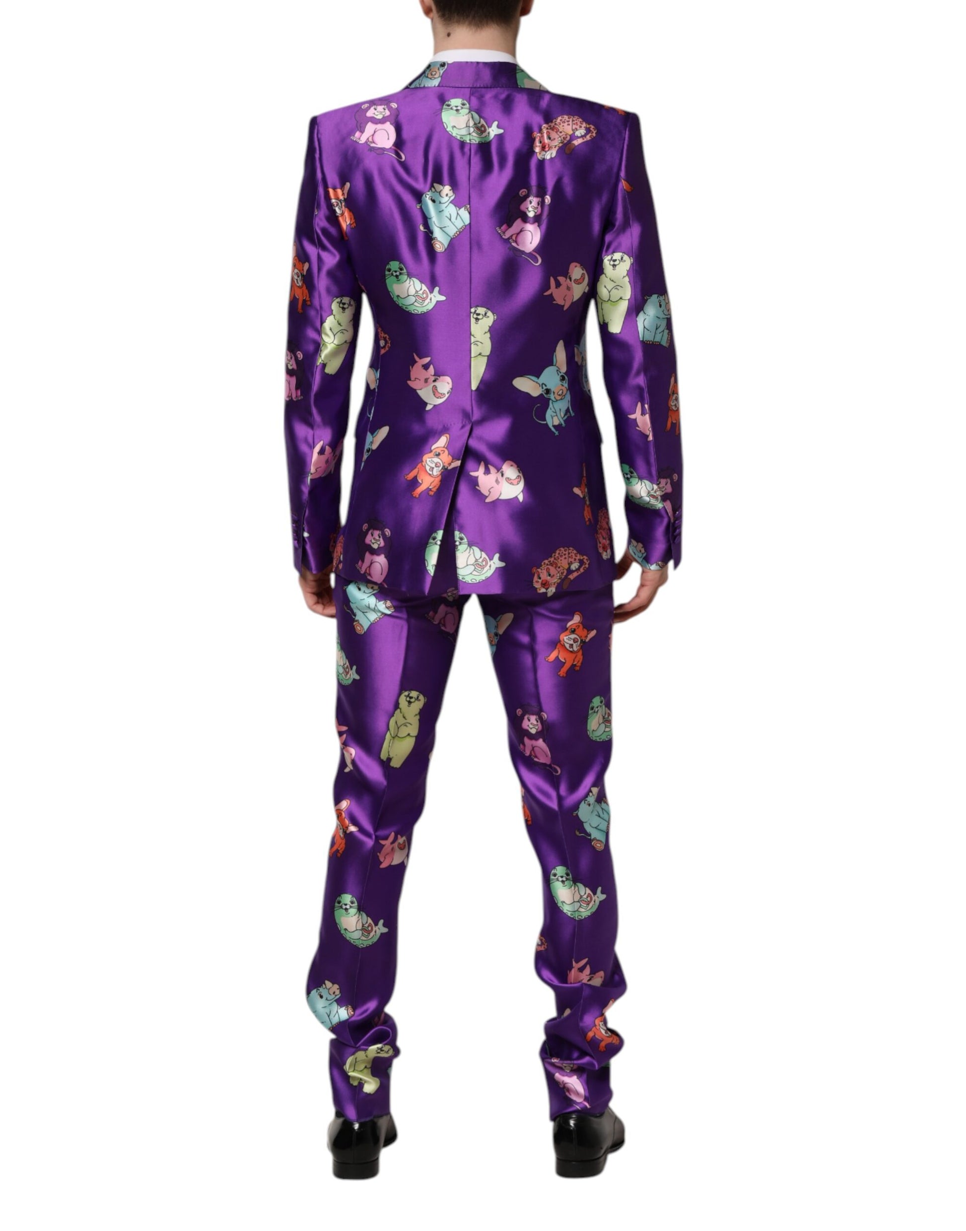Dolce &amp; Gabbana – Lilafarbener 3-teiliger Seidenanzug mit Animalprint