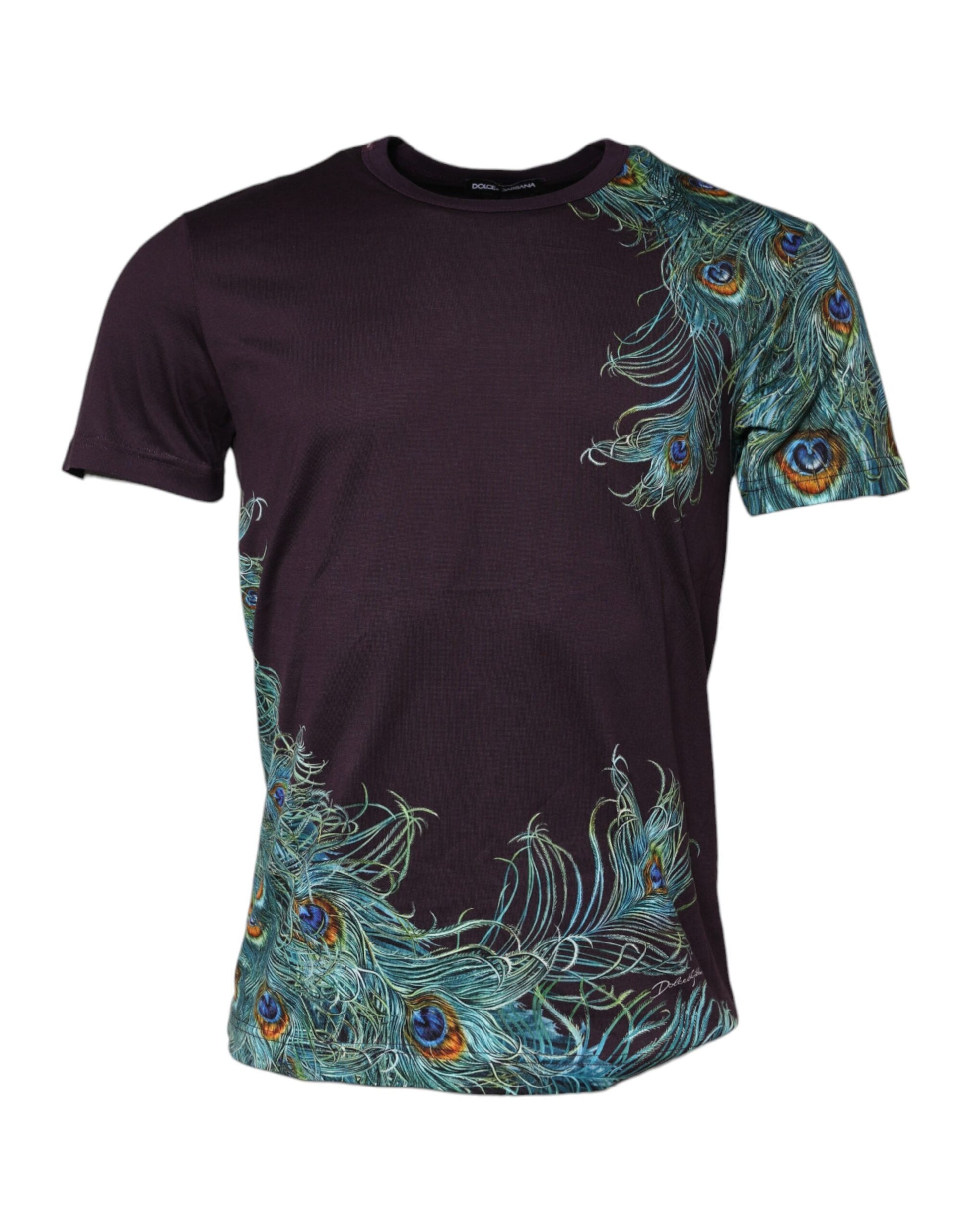 Dolce &amp; Gabbana Schwarzes Baumwoll-T-Shirt mit Rundhalsausschnitt und Pfauendruck