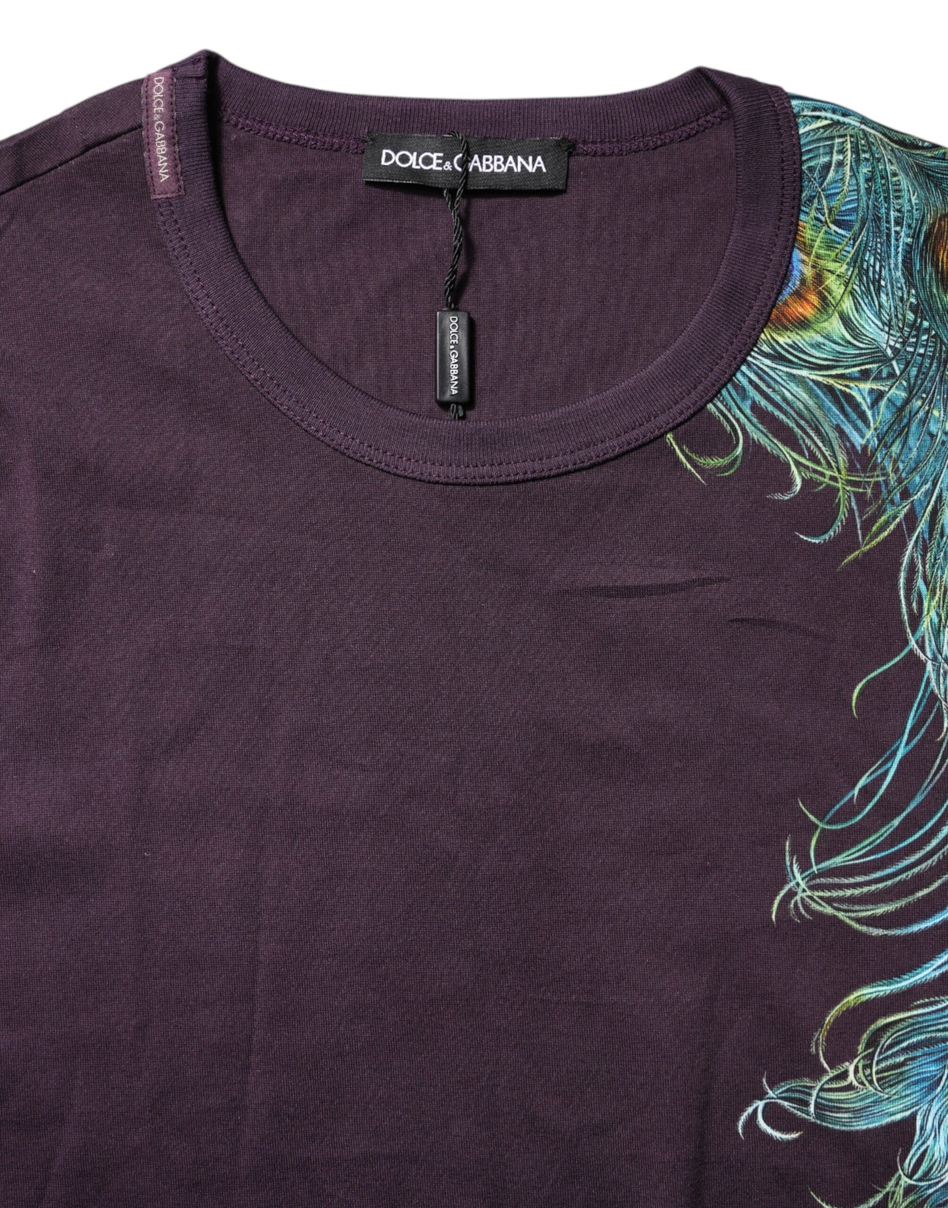 Dolce &amp; Gabbana Schwarzes Baumwoll-T-Shirt mit Rundhalsausschnitt und Pfauendruck