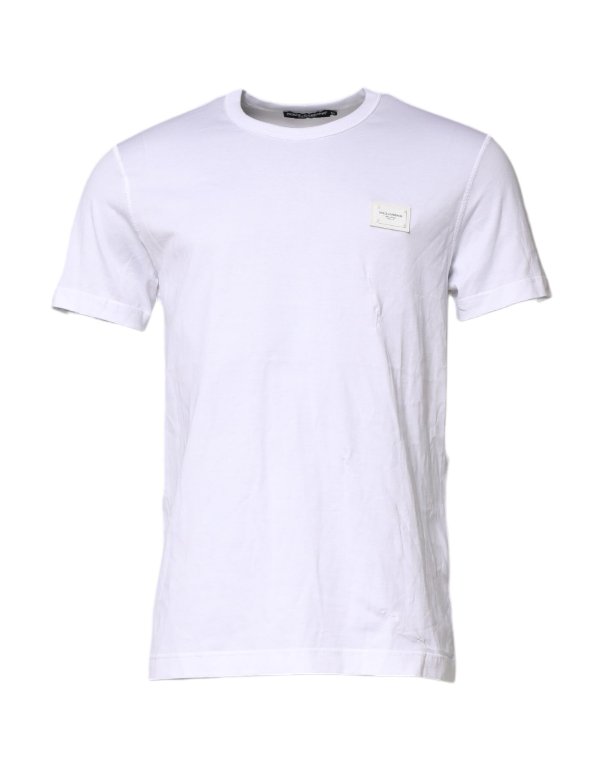 Dolce &amp; Gabbana – Weißes T-Shirt aus Baumwolle mit Rundhalsausschnitt und Logo-Plakette