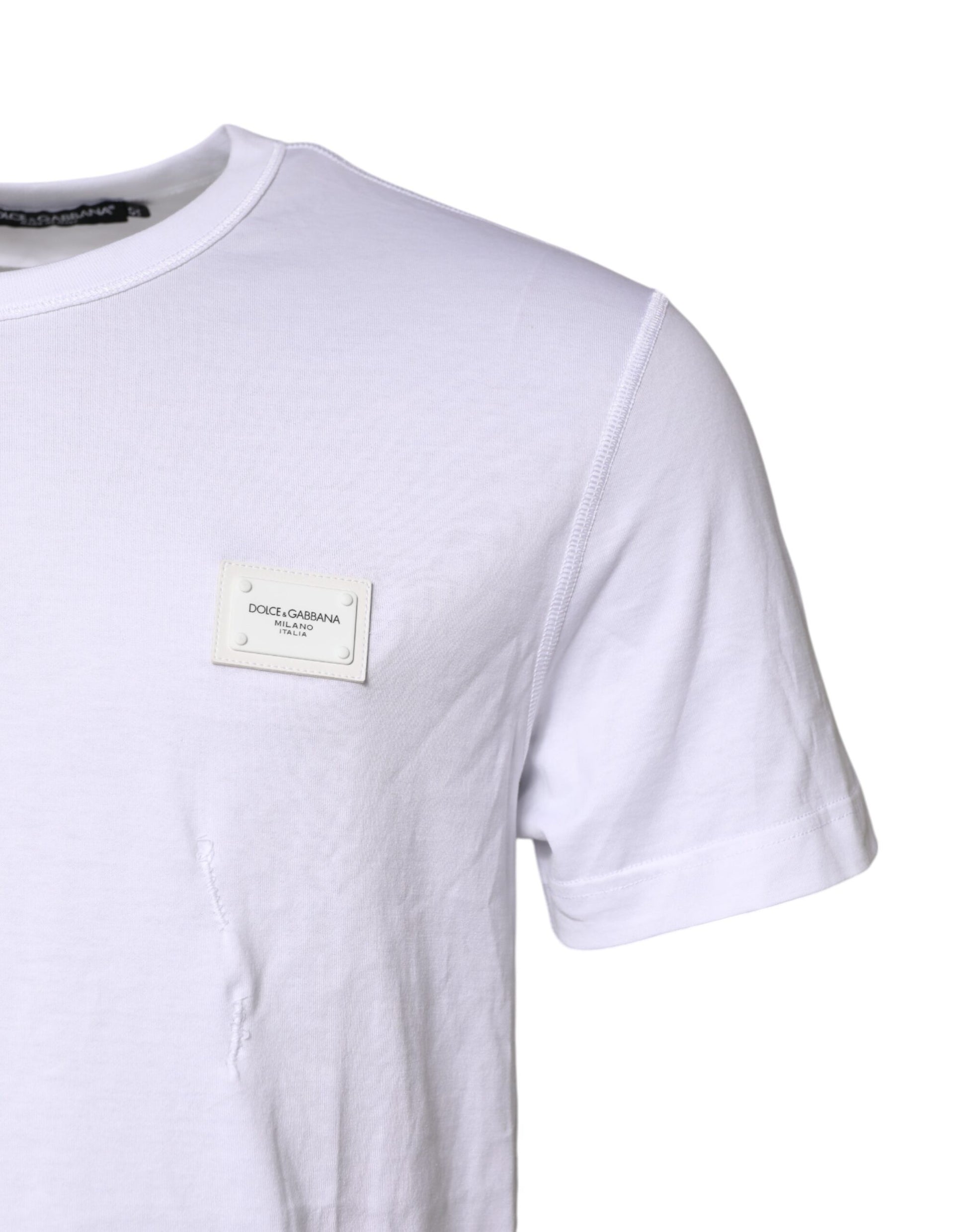 Dolce &amp; Gabbana – Weißes T-Shirt aus Baumwolle mit Rundhalsausschnitt und Logo-Plakette