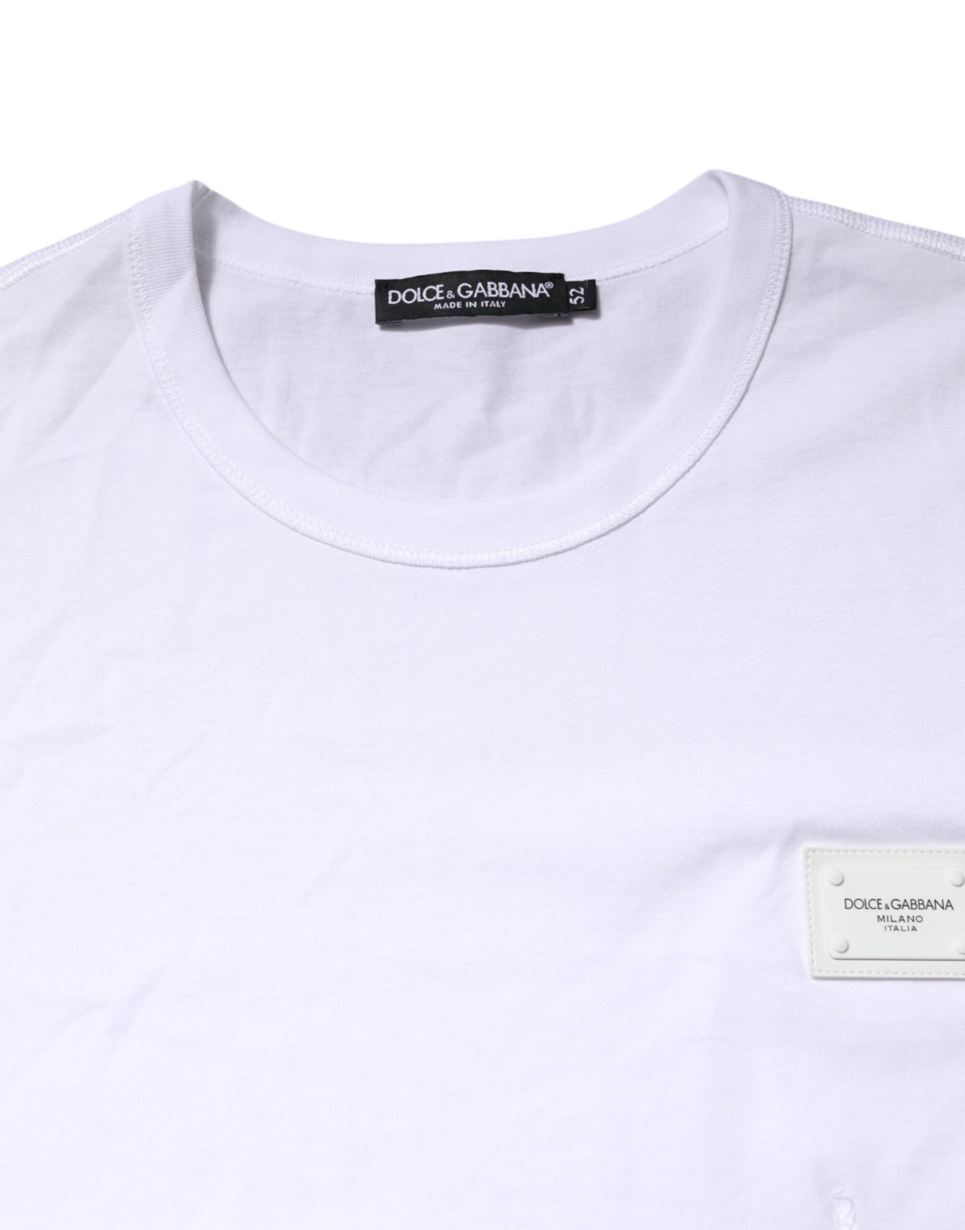 Dolce &amp; Gabbana – Weißes T-Shirt aus Baumwolle mit Rundhalsausschnitt und Logo-Plakette