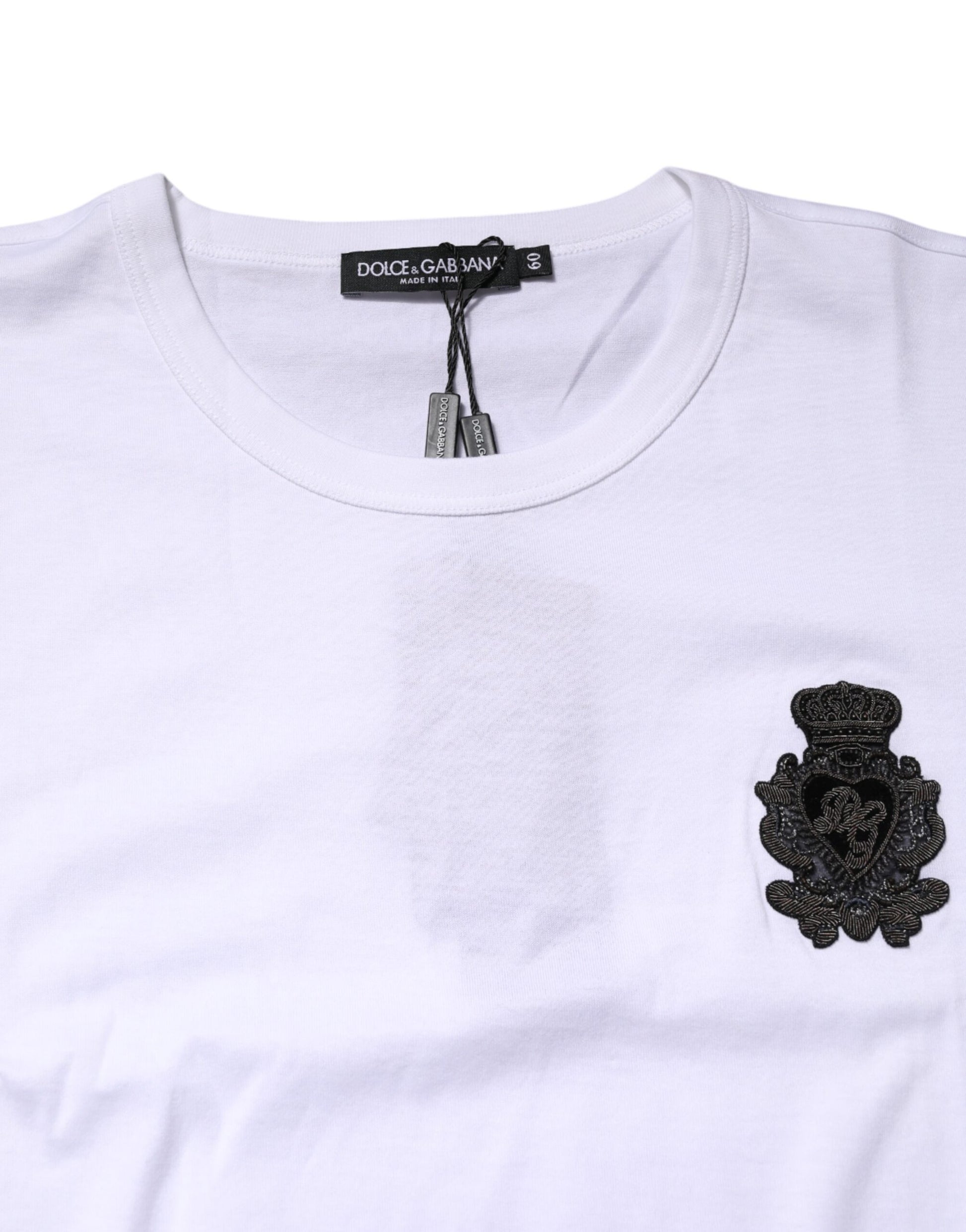 Dolce &amp; Gabbana – Weißes Baumwoll-T-Shirt mit DG-Kronenstickerei