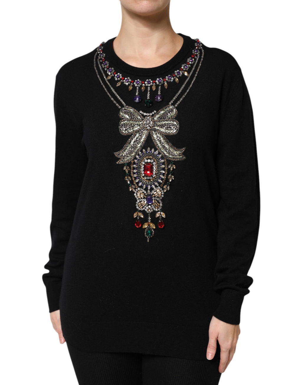 Dolce &amp; Gabbana Schwarzer Kaschmirpullover mit Kristallverzierung