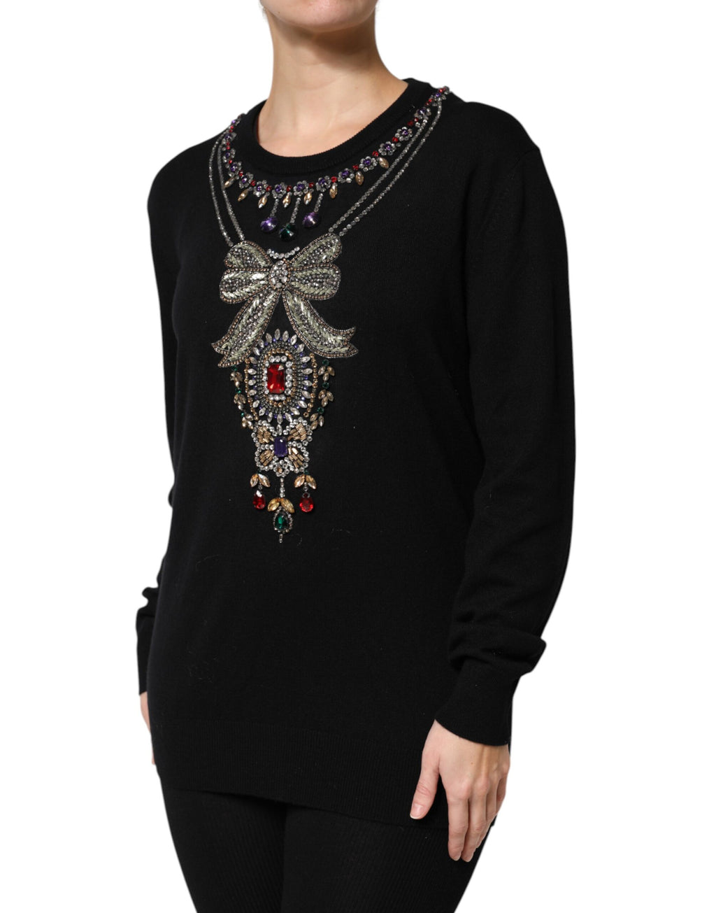 Dolce &amp; Gabbana Schwarzer Kaschmirpullover mit Kristallverzierung