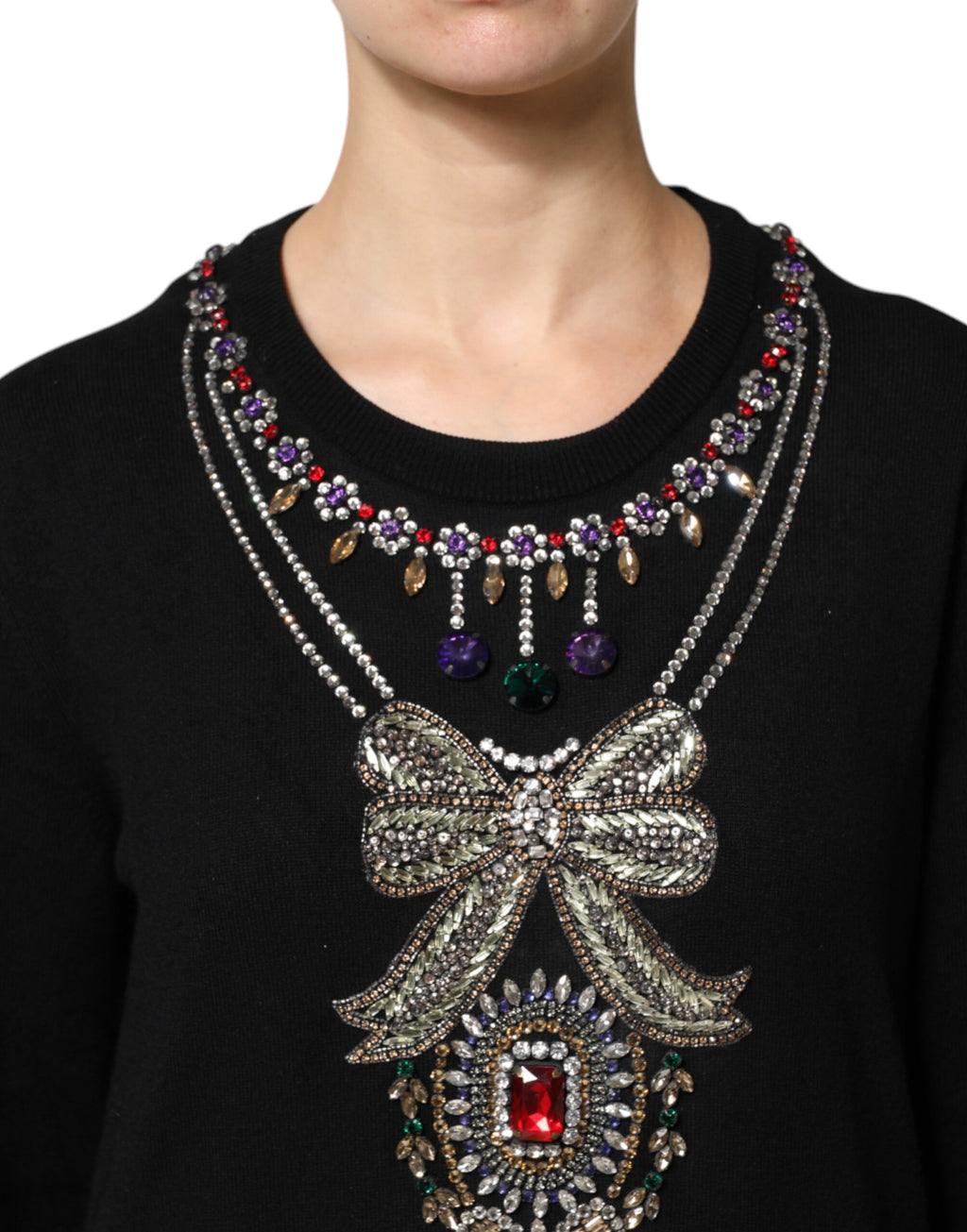 Dolce &amp; Gabbana Schwarzer Kaschmirpullover mit Kristallverzierung