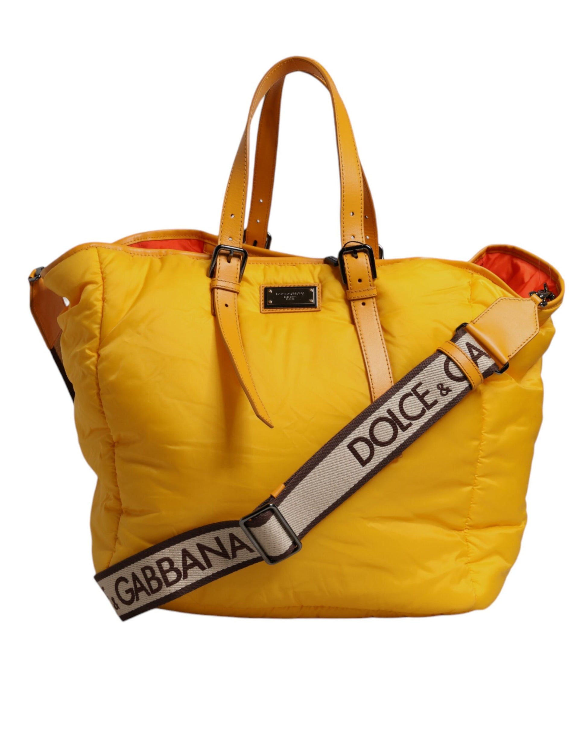 Dolce &amp; Gabbana – Gelb-orangefarbene Tragetasche aus Nylon mit Logo-Plakette