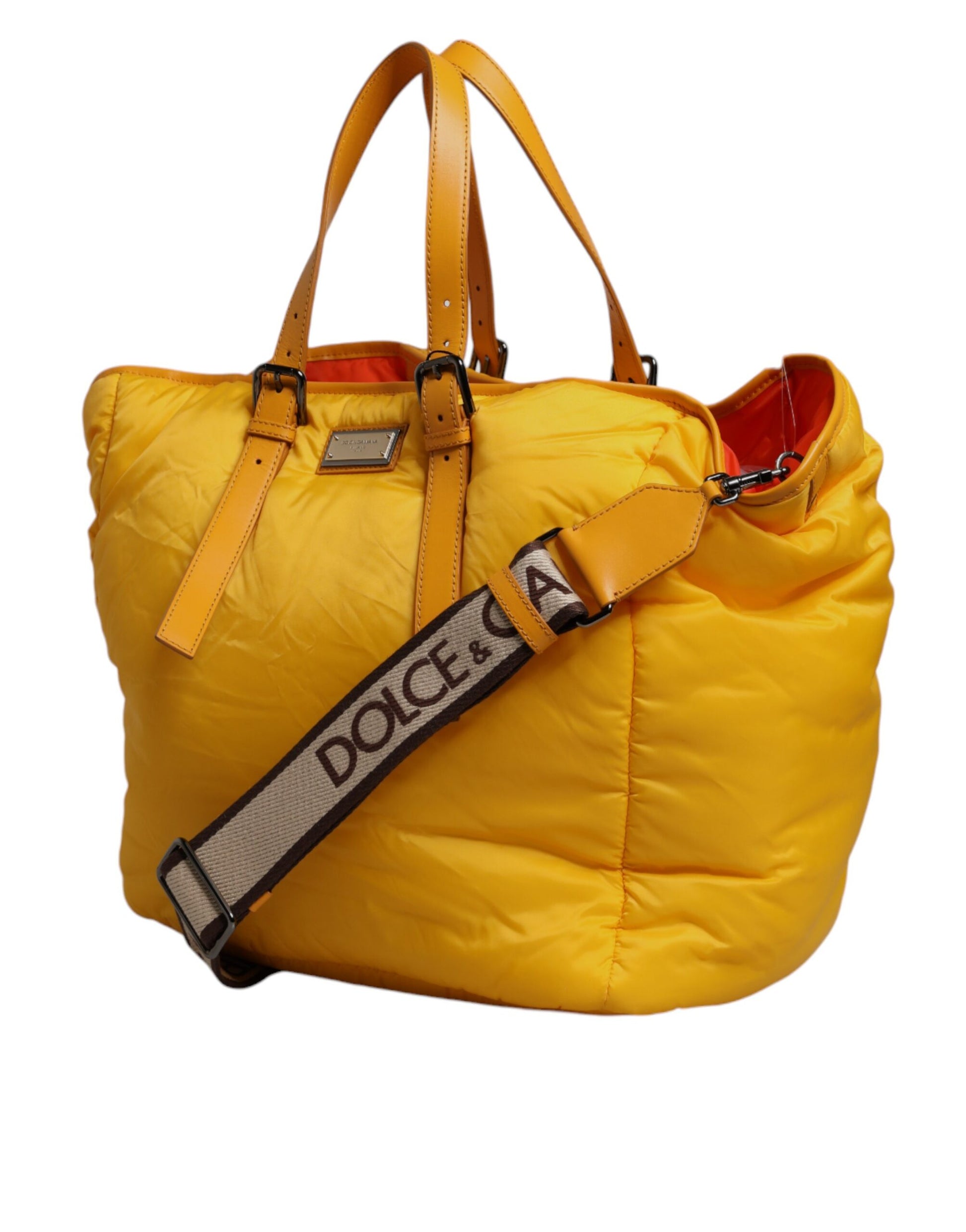 Dolce &amp; Gabbana – Gelb-orangefarbene Tragetasche aus Nylon mit Logo-Plakette