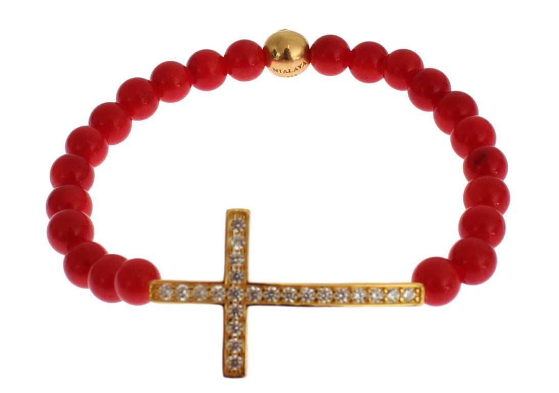 Nialaya Elegantes Perlenarmband aus Gold und roten Korallen