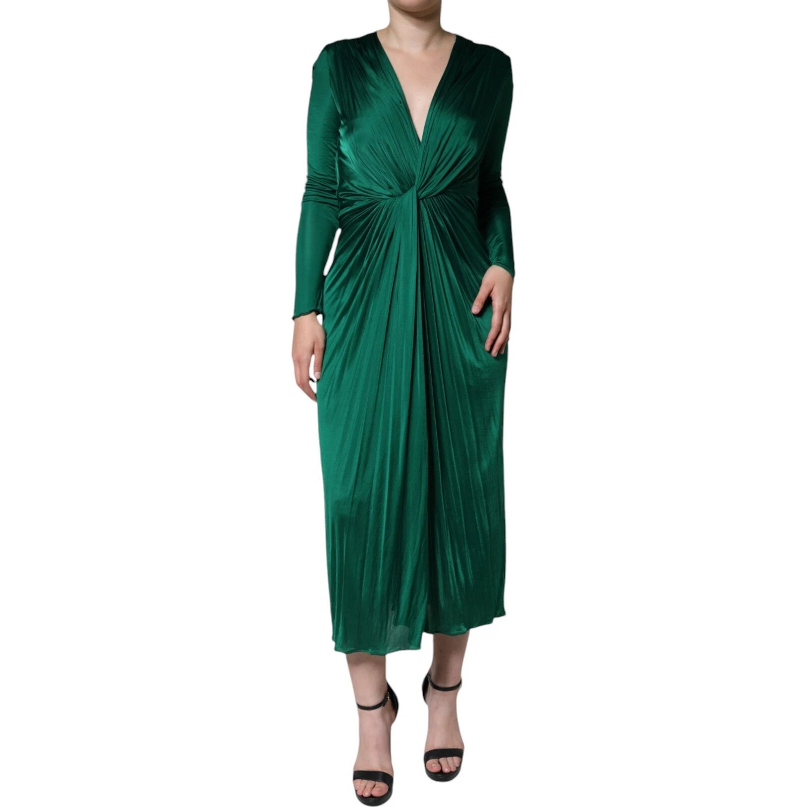 Dolce &amp; Gabbana – Dunkelgrünes, langärmliges Midikleid aus Viskose